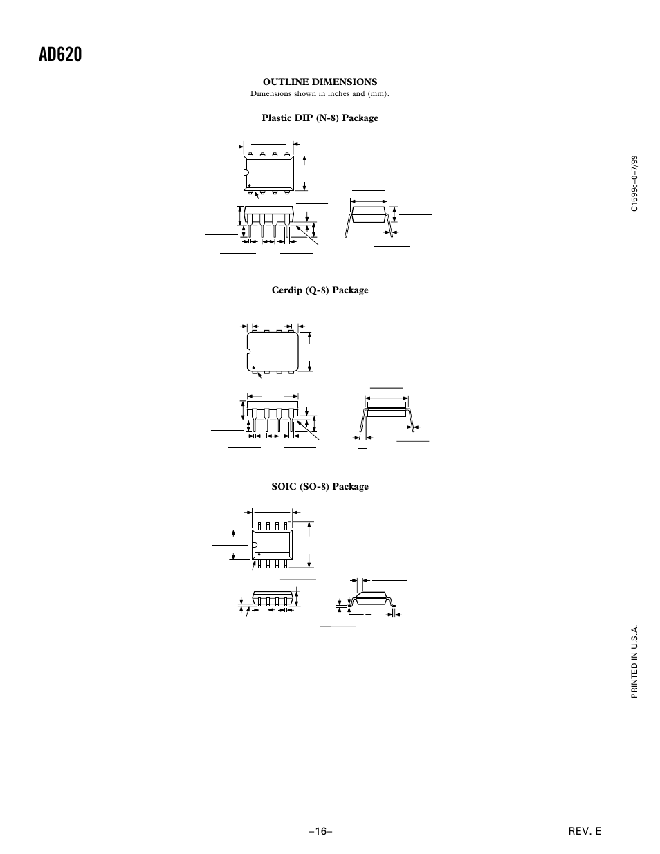 Ad620, Rev. e –16– outline dimensions, Plastic dip (n-8) package | Cerdip (q-8) package, Soic (so-8) package | Analog Devices AD620 User Manual | Page 16 / 16