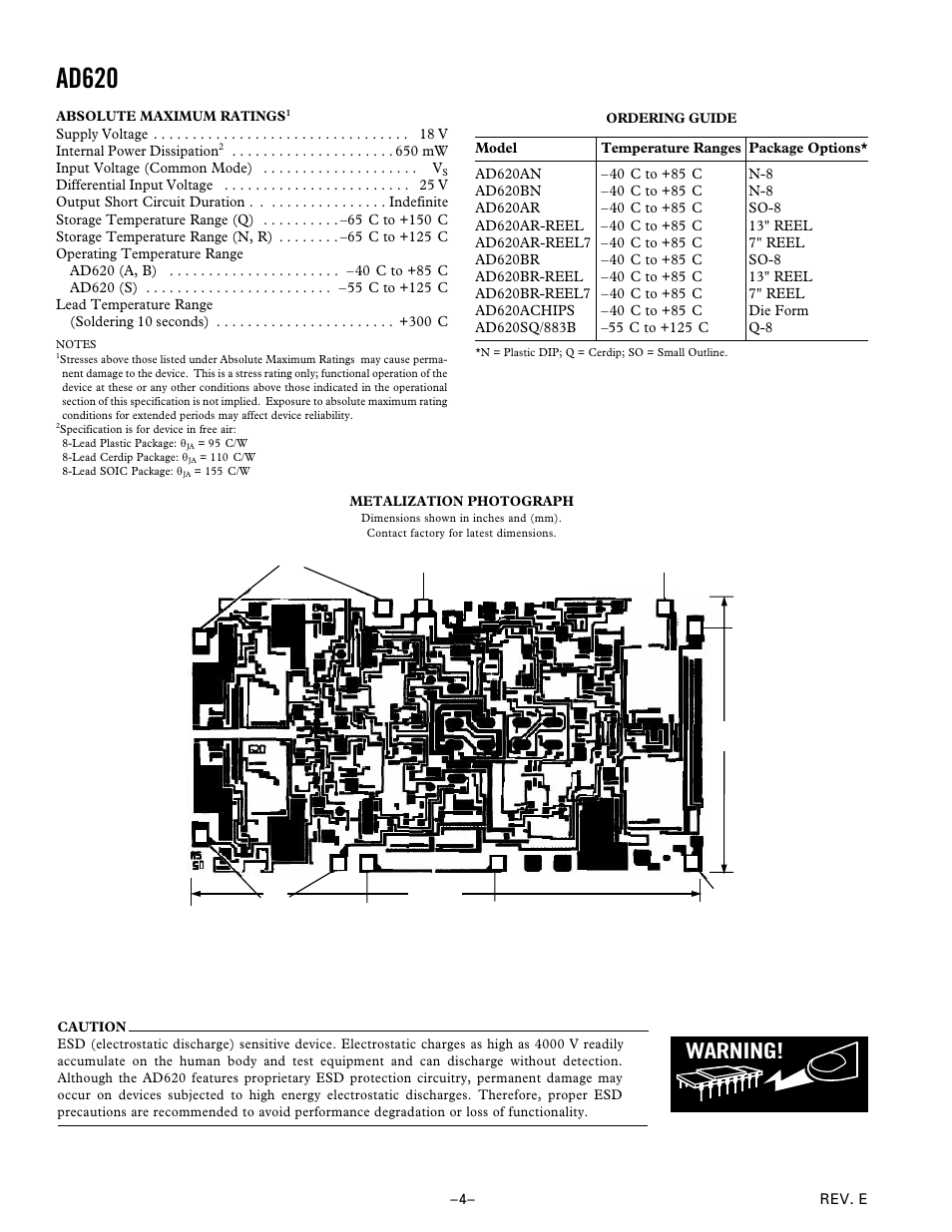Ad620, Warning | Analog Devices AD620 User Manual | Page 4 / 16