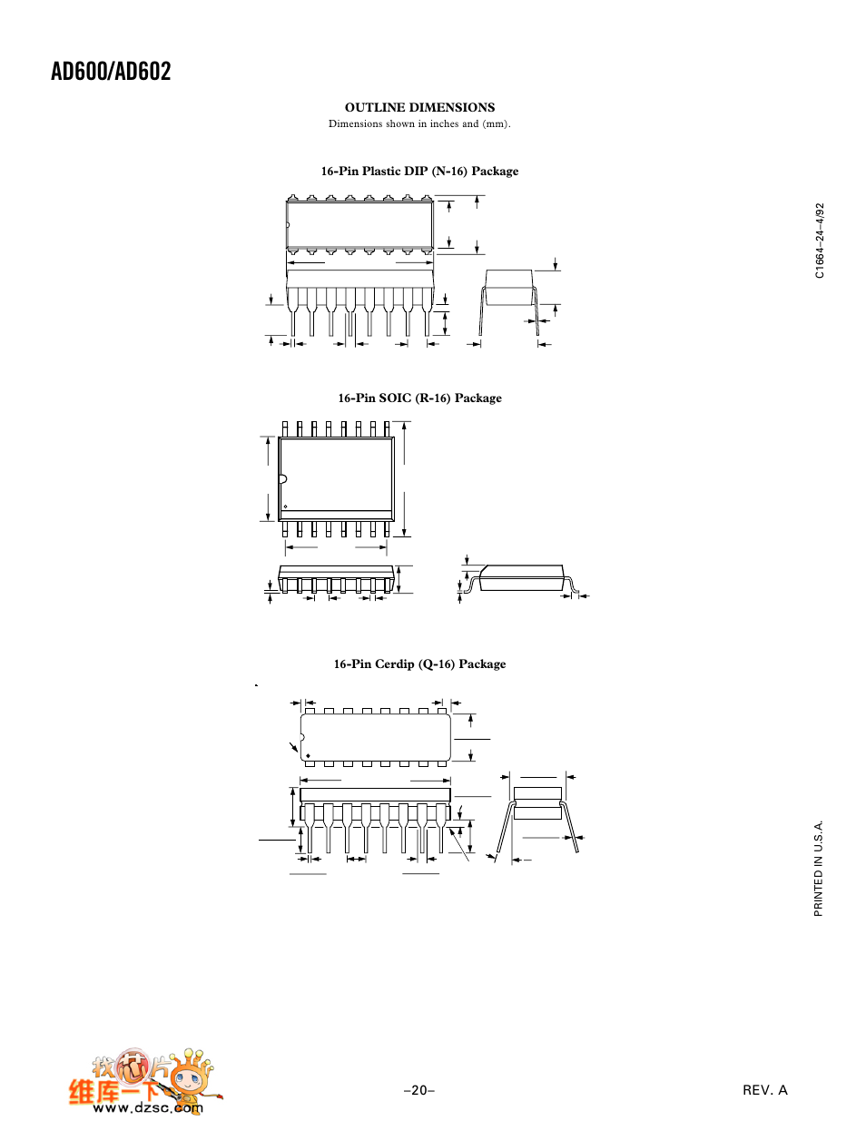 Rev. a –20– outline dimensions, Pin plastic dip (n-16) package, Pin soic (r-16) package | Pin cerdip (q-16) package | Analog Devices AD602 User Manual | Page 20 / 20