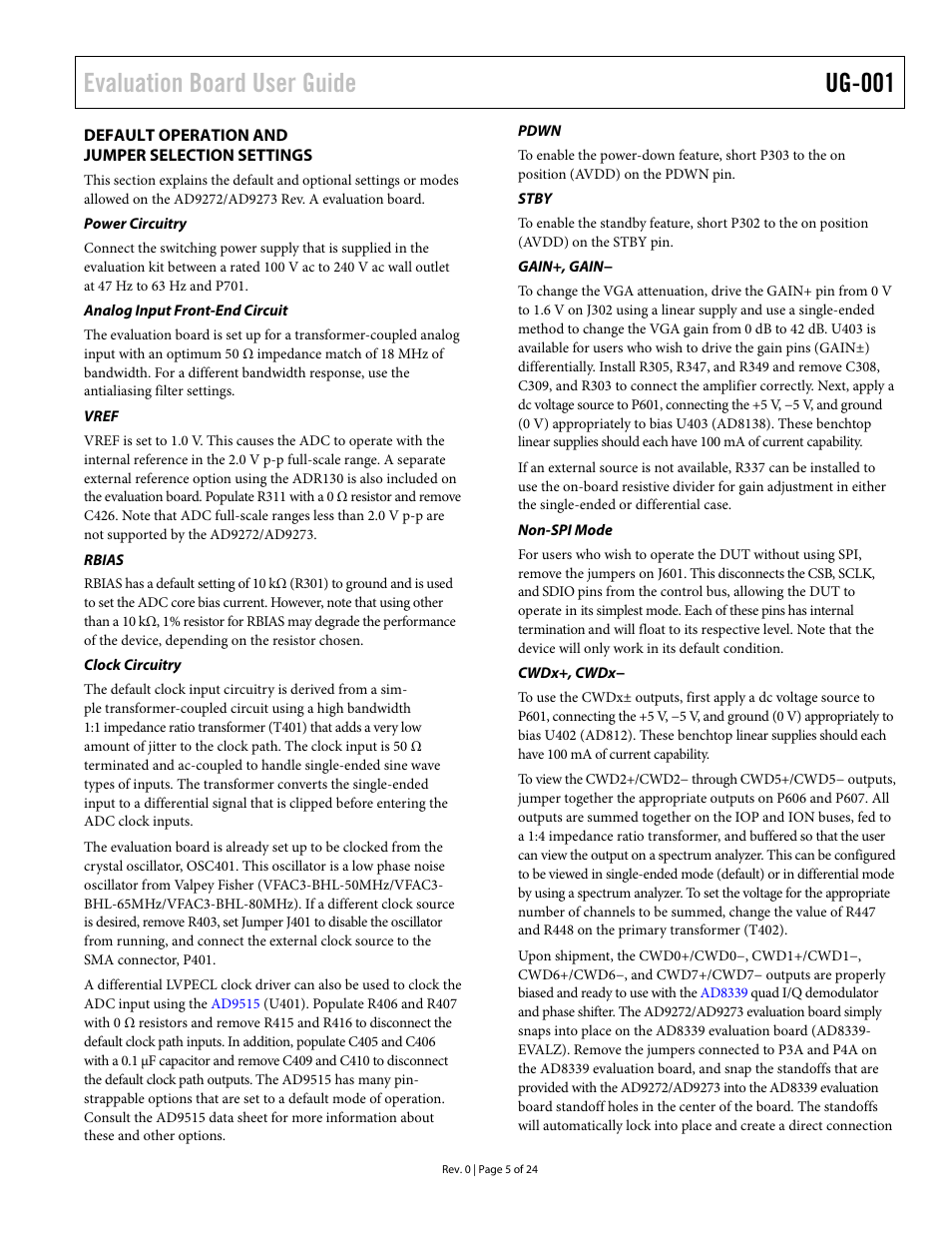 Default operation and jumper selection settings, Power circuitry, Analog input front-end circuit | Vref, Rbias, Clock circuitry, Pdwn, Stby, Gain+, gain, Non-spi mode | Analog Devices UG-001 User Manual | Page 5 / 24