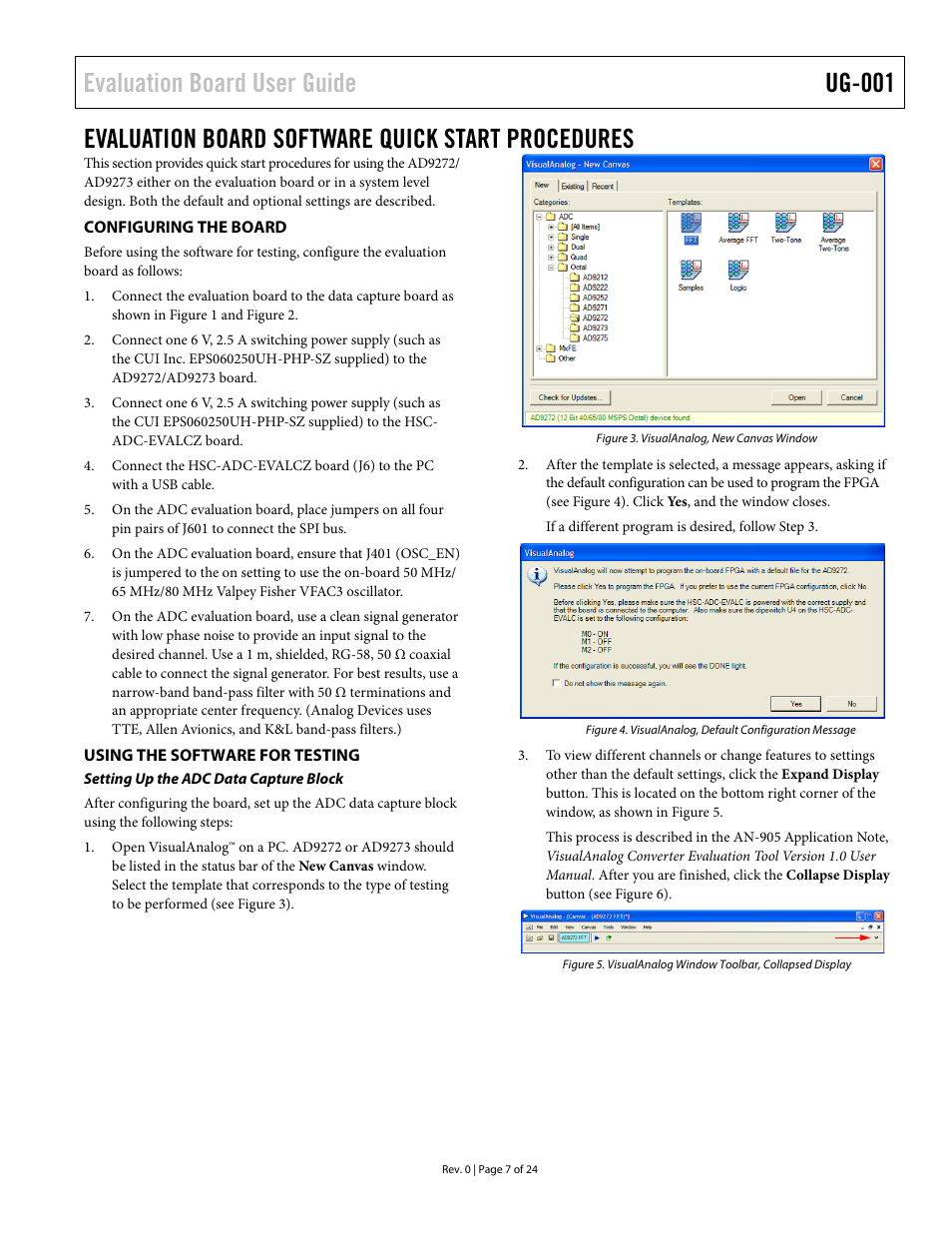 Evaluation board software quick start procedures, Configuring the board, Using the software for testing | Setting up the adc data capture block, Evaluation board user guide ug-001 | Analog Devices UG-001 User Manual | Page 7 / 24