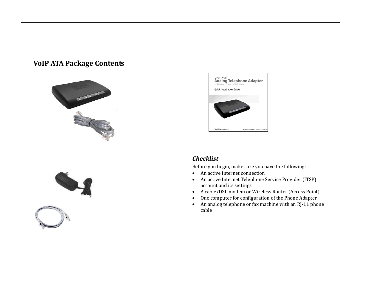 Voip ata package contents | Analog Devices CRA-200 User Manual | Page 2 / 7