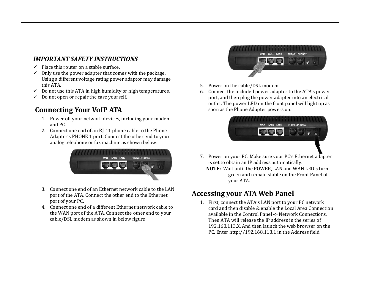 Connecting your voip ata, Accessing your ata web panel | Analog Devices CRA-200 User Manual | Page 3 / 7
