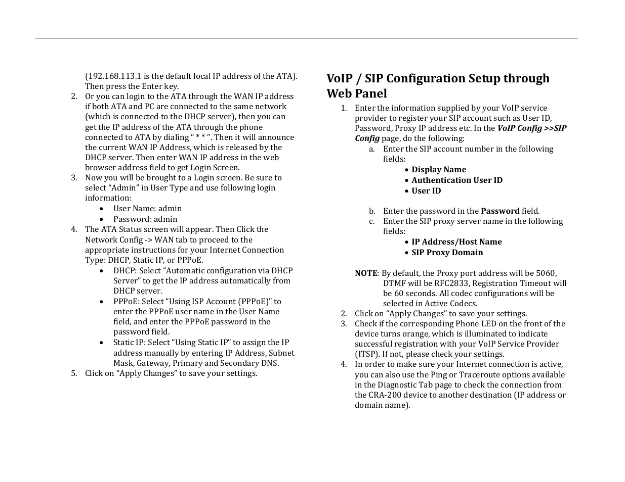 Voip / sip configuration setup through web panel | Analog Devices CRA-200 User Manual | Page 4 / 7