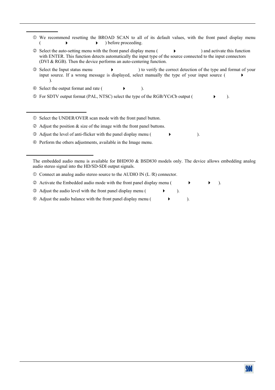 2. settings, 3. image adjustments, 4. embedded audio mode | Analog Devices BHD930-AG User Manual | Page 16 / 45