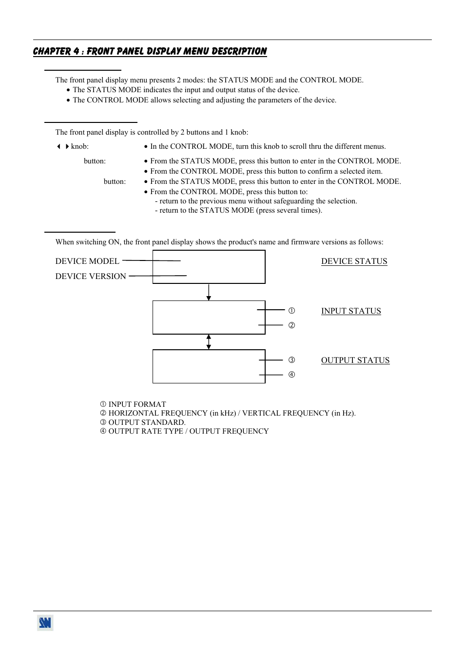 Chapter 4 : front panel display menu description, 1. introduction, 2. control buttons | 3. status mode | Analog Devices BHD930-AG User Manual | Page 19 / 45