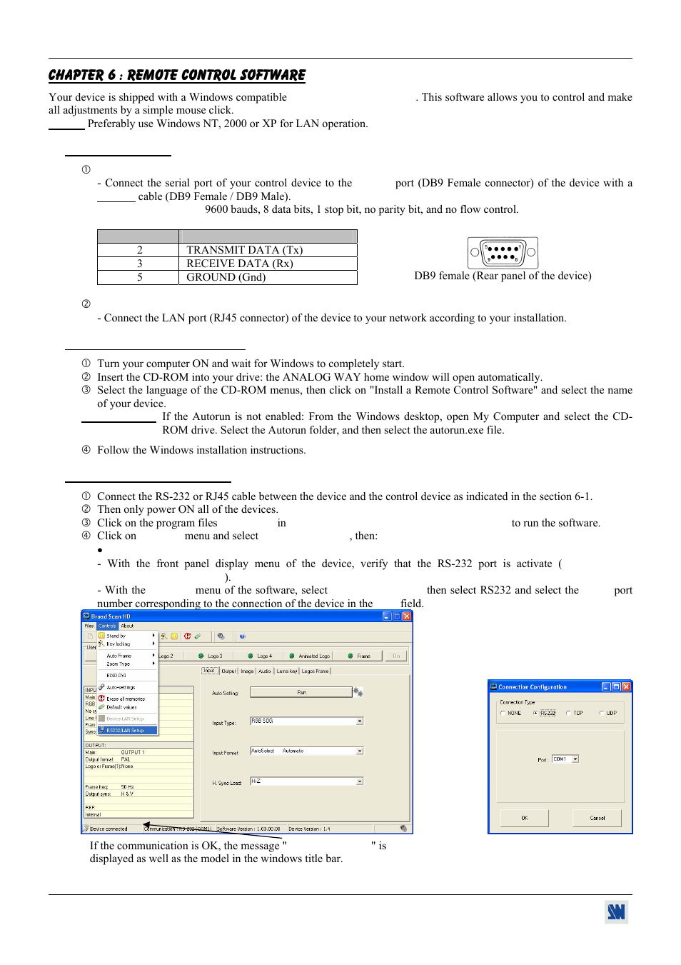 Chapter 6 : remote control software, 1. connections, 2. software installation | 3. communication setup | Analog Devices BHD930-AG User Manual | Page 30 / 45