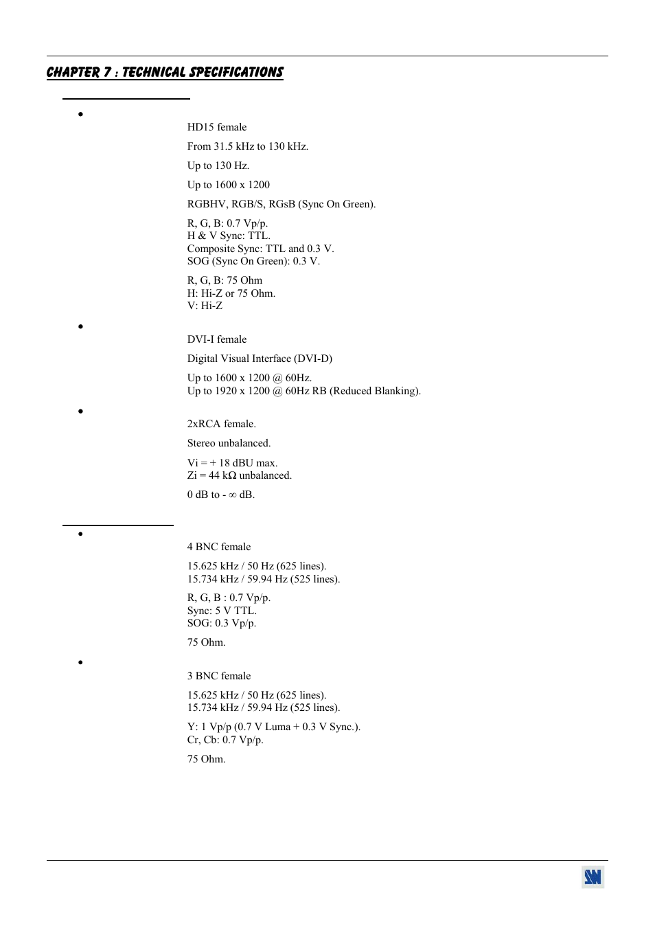 Chapter 7 : technical specifications, 1. computer inputs, 2. video outputs | Analog Devices BHD930-AG User Manual | Page 34 / 45