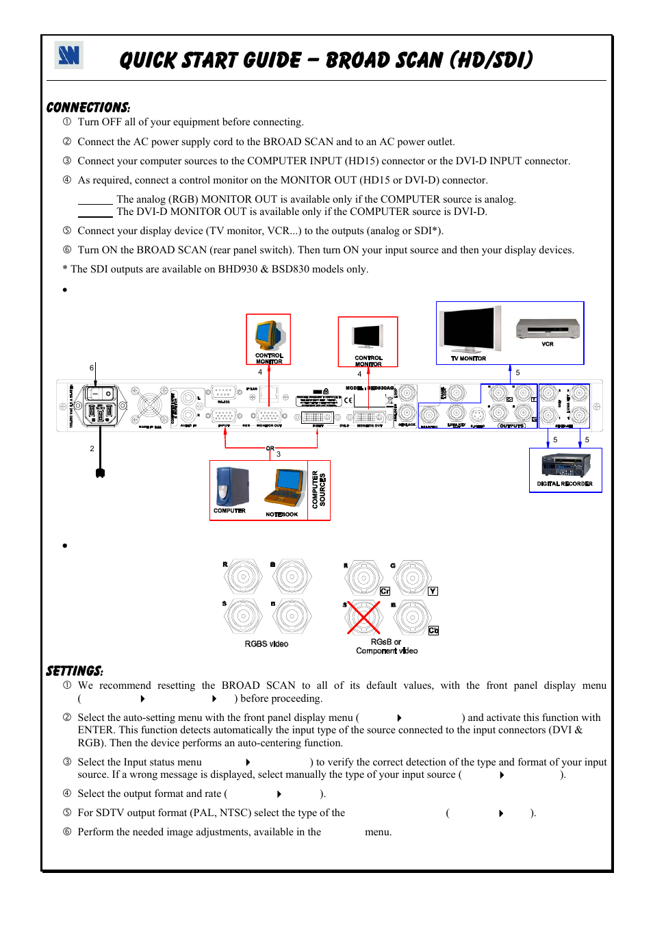 Quick start guide – broad scan (hd/sdi), Connections, Settings | Analog Devices BHD930-AG User Manual | Page 6 / 45