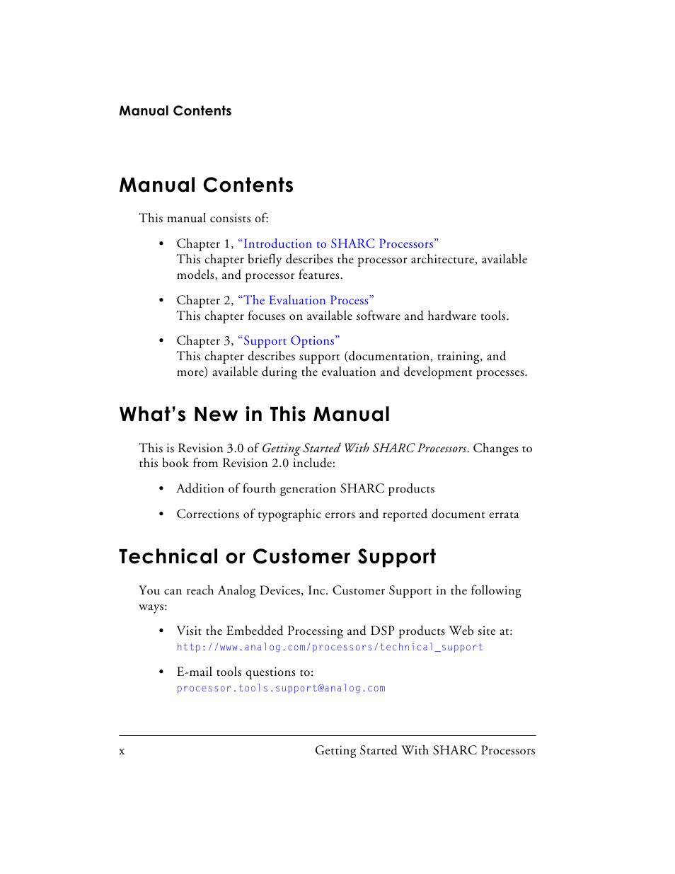 Manual contents, What’s new in this manual, Technical or customer support | Analog Devices SHARC Processors 82-003536-01 User Manual | Page 10 / 114