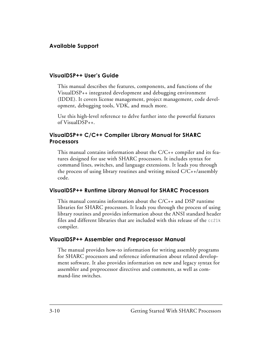 Visualdsp++ user’s guide -10, Visualdsp++ c/c++ compiler library manual for, Sharc processors -10 | Visualdsp++ runtime library manual for sharc, Processors -10, Visualdsp++ assembler and preprocessor manual -10 | Analog Devices SHARC Processors 82-003536-01 User Manual | Page 102 / 114