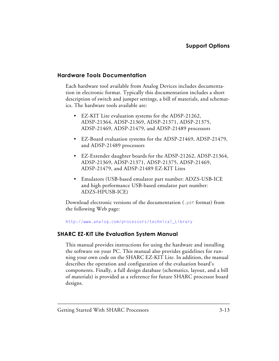 Hardware tools documentation, Hardware tools documentation -13, Sharc ez-kit lite evaluation system manual -13 | Analog Devices SHARC Processors 82-003536-01 User Manual | Page 105 / 114