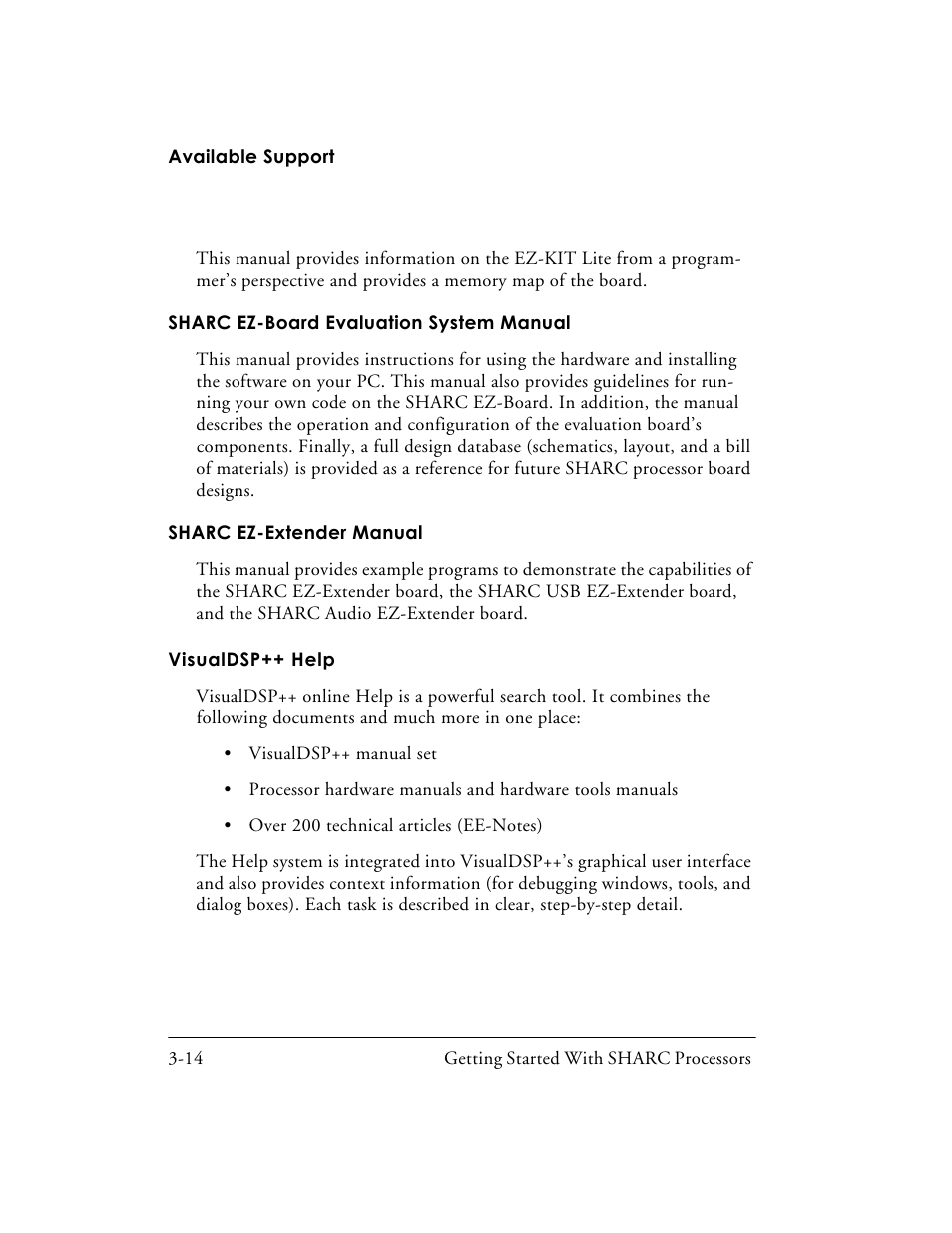 Visualdsp++ help, Sharc ez-board evaluation system manual -14, Sharc ez-extender manual -14 | Visualdsp++ help -14 | Analog Devices SHARC Processors 82-003536-01 User Manual | Page 106 / 114