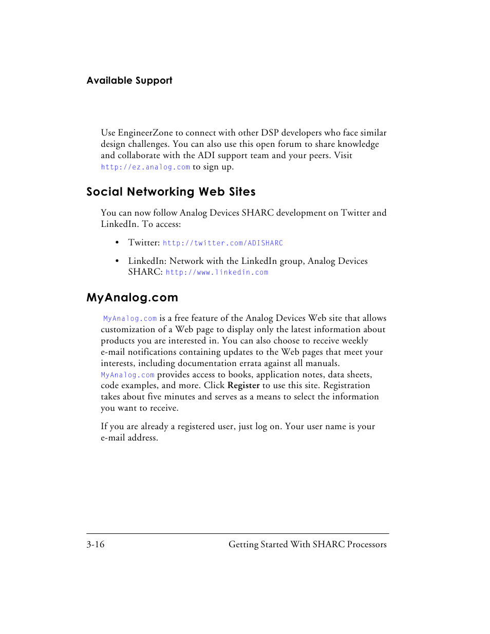 Social networking web sites, Myanalog.com, Social networking web sites -16 | Myanalog.com -16 | Analog Devices SHARC Processors 82-003536-01 User Manual | Page 108 / 114