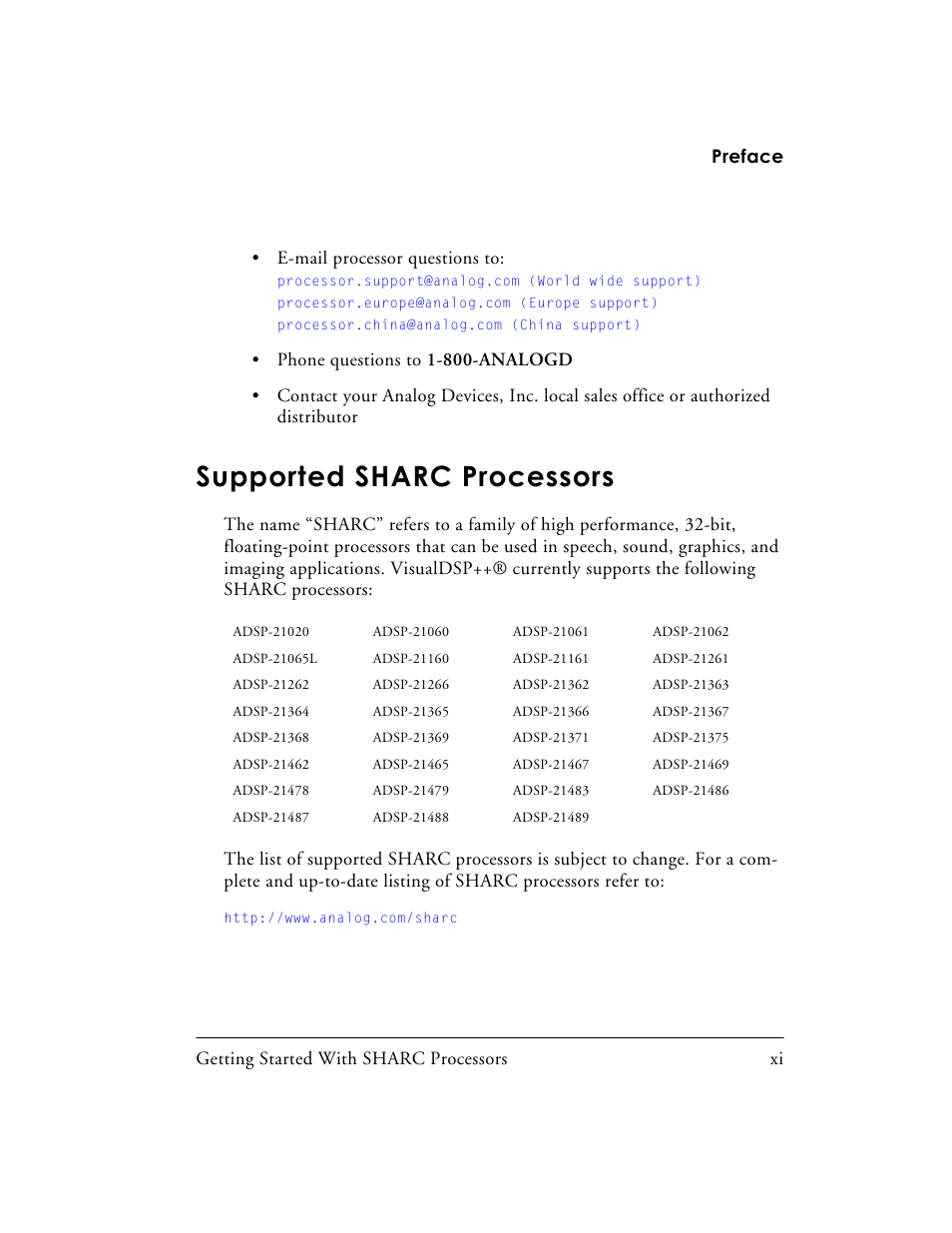 Supported sharc processors | Analog Devices SHARC Processors 82-003536-01 User Manual | Page 11 / 114