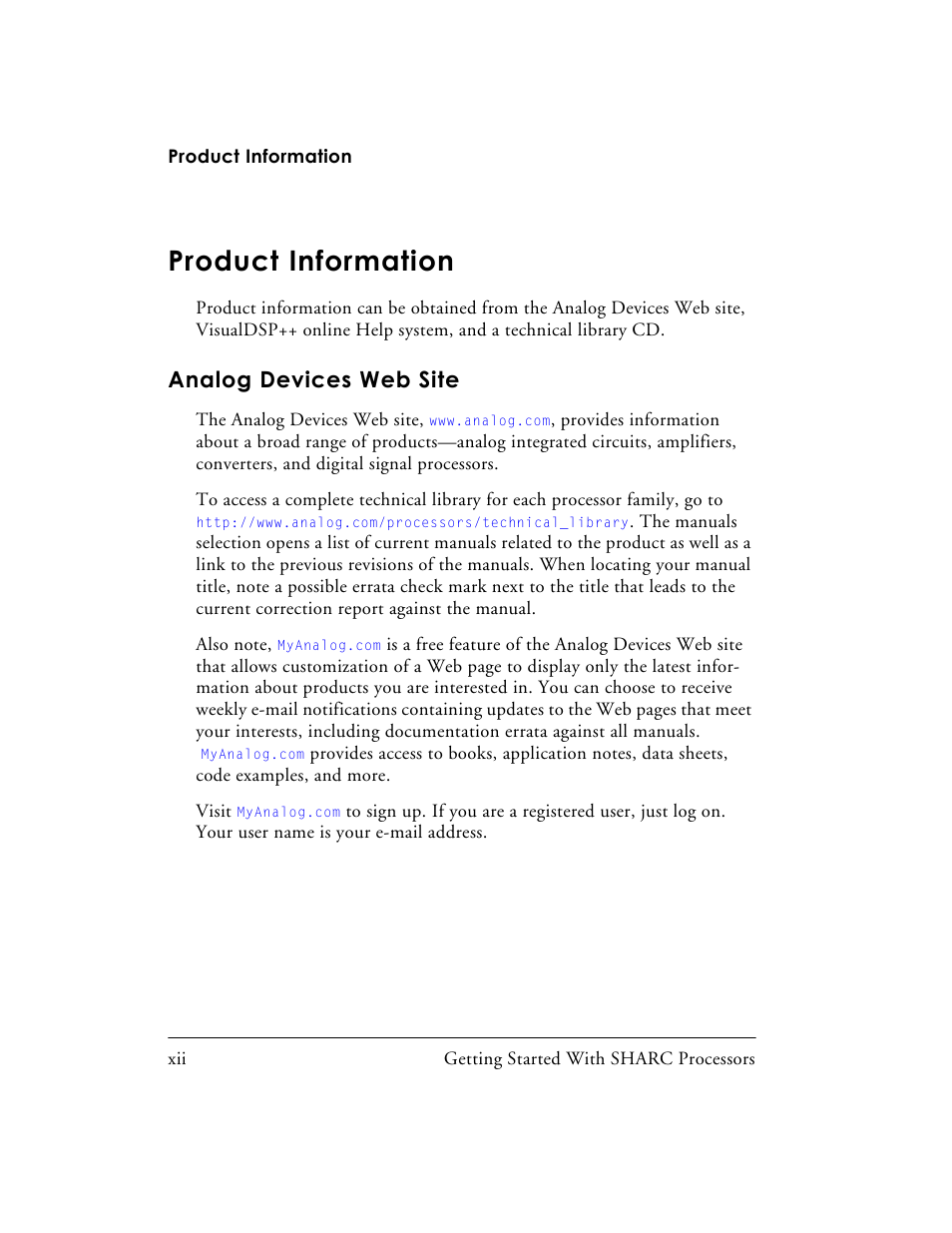 Product information, Analog devices web site | Analog Devices SHARC Processors 82-003536-01 User Manual | Page 12 / 114