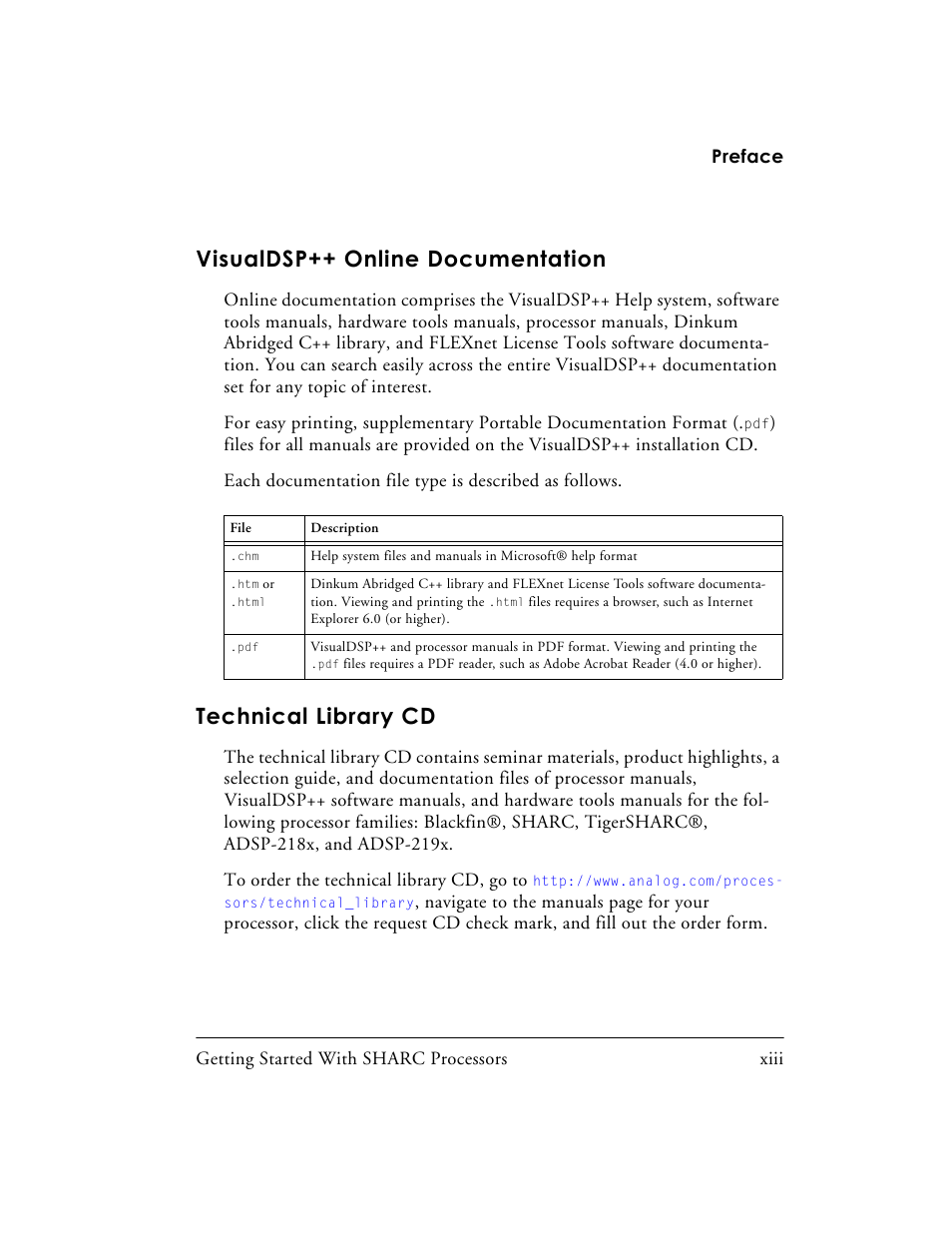 Visualdsp++ online documentation, Technical library cd | Analog Devices SHARC Processors 82-003536-01 User Manual | Page 13 / 114