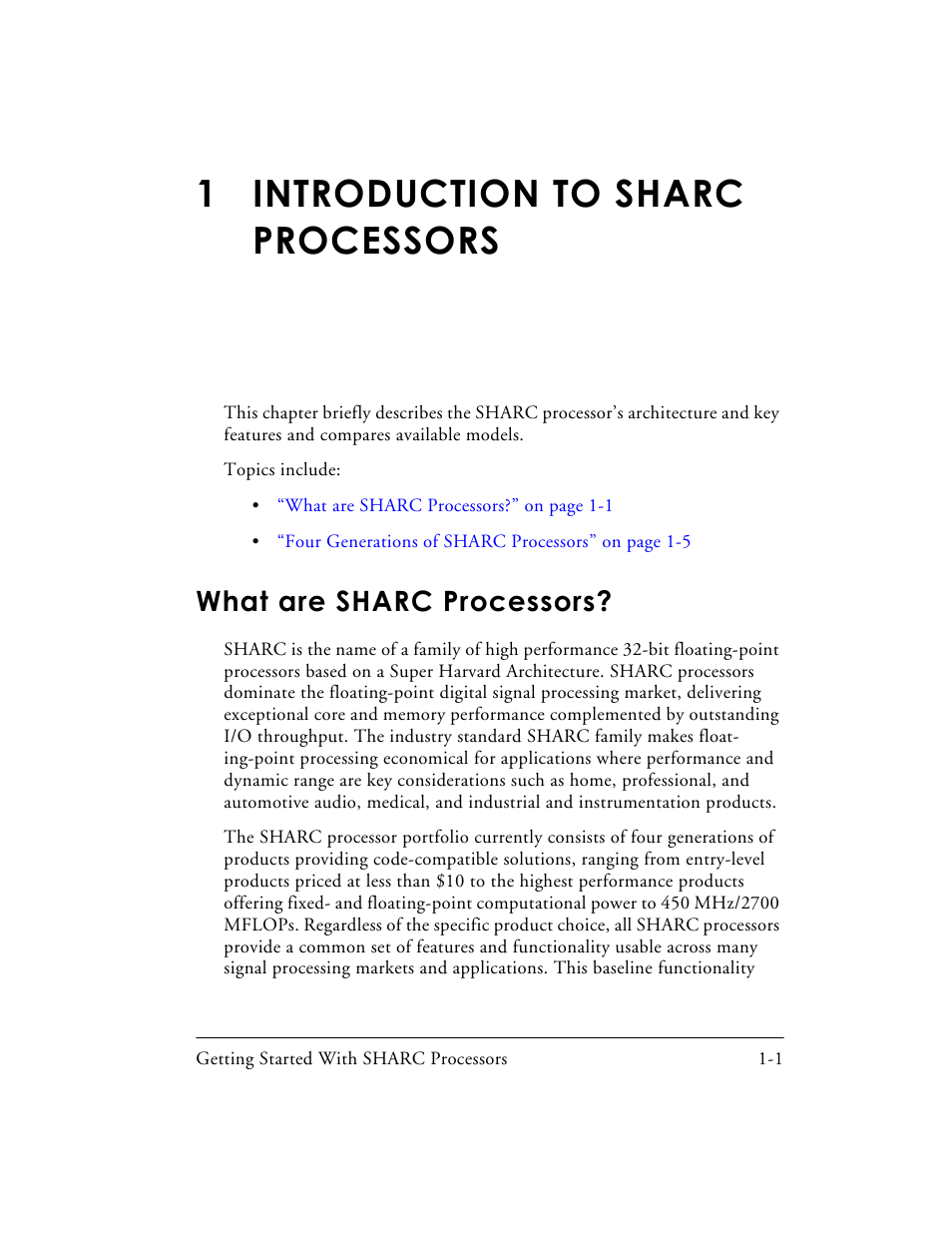 1 introduction to sharc processors, What are sharc processors, Introduction to sharc processors | What are sharc processors? -1 | Analog Devices SHARC Processors 82-003536-01 User Manual | Page 15 / 114