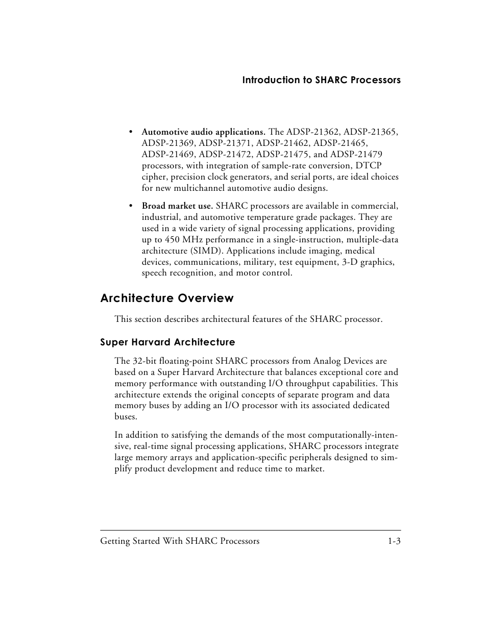 Architecture overview, Super harvard architecture, Architecture overview -3 | Super harvard architecture -3 | Analog Devices SHARC Processors 82-003536-01 User Manual | Page 17 / 114