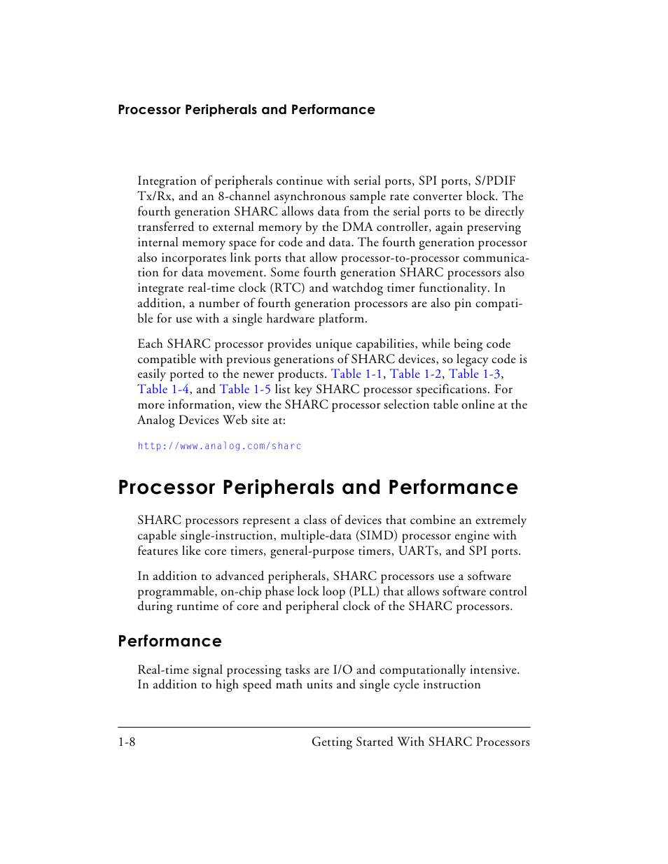 Processor peripherals and performance, Performance, Processor peripherals and performance -8 | Performance -8 | Analog Devices SHARC Processors 82-003536-01 User Manual | Page 22 / 114