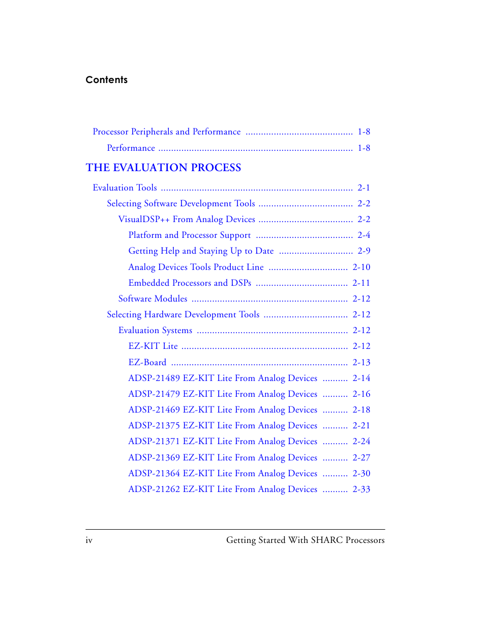 The evaluation process | Analog Devices SHARC Processors 82-003536-01 User Manual | Page 4 / 114