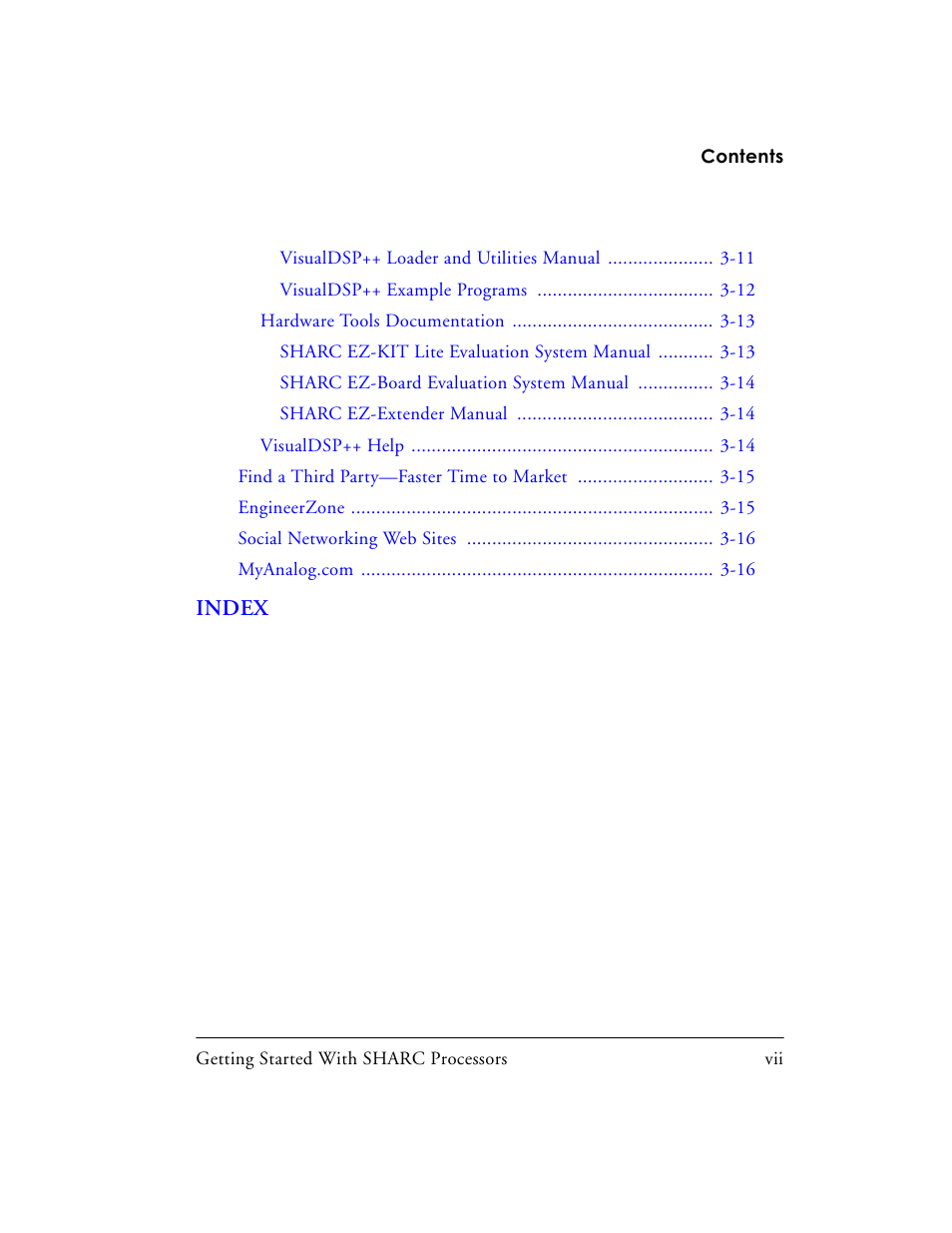 Index | Analog Devices SHARC Processors 82-003536-01 User Manual | Page 7 / 114