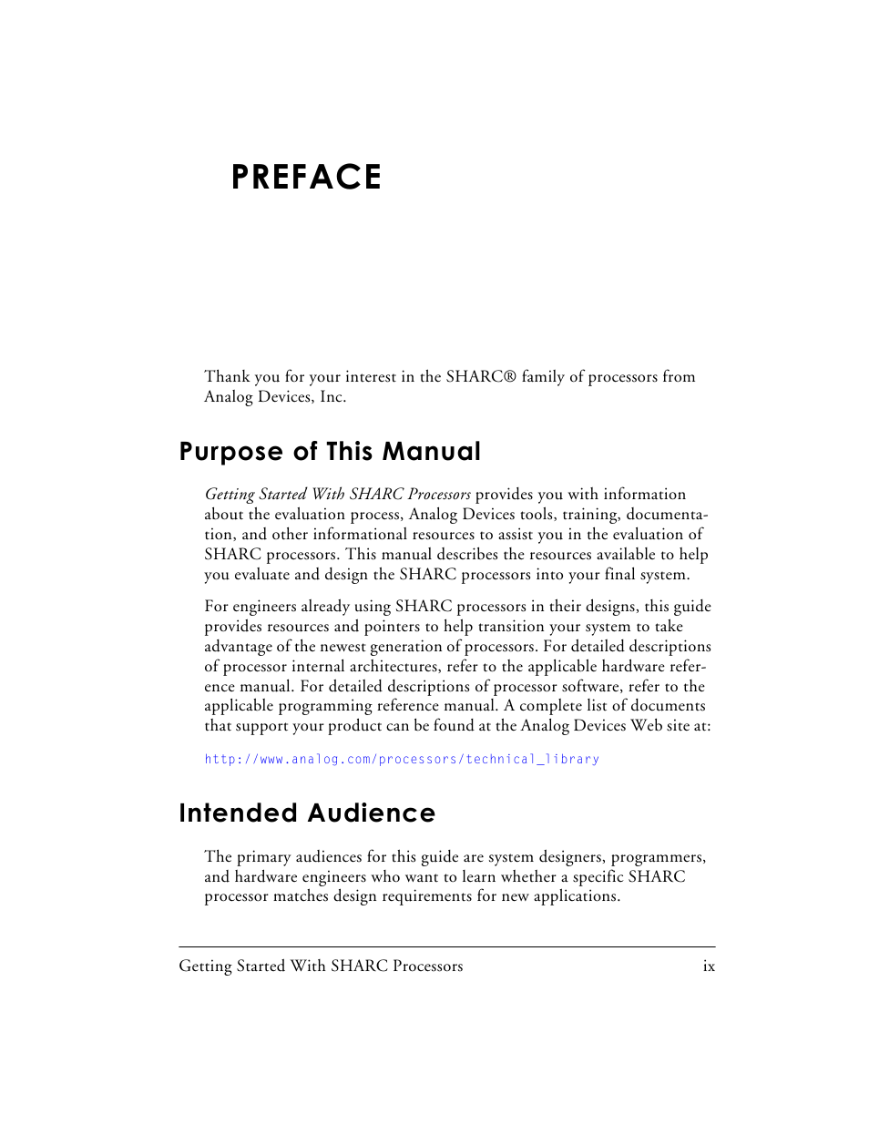 Preface, Purpose of this manual, Intended audience | Analog Devices SHARC Processors 82-003536-01 User Manual | Page 9 / 114