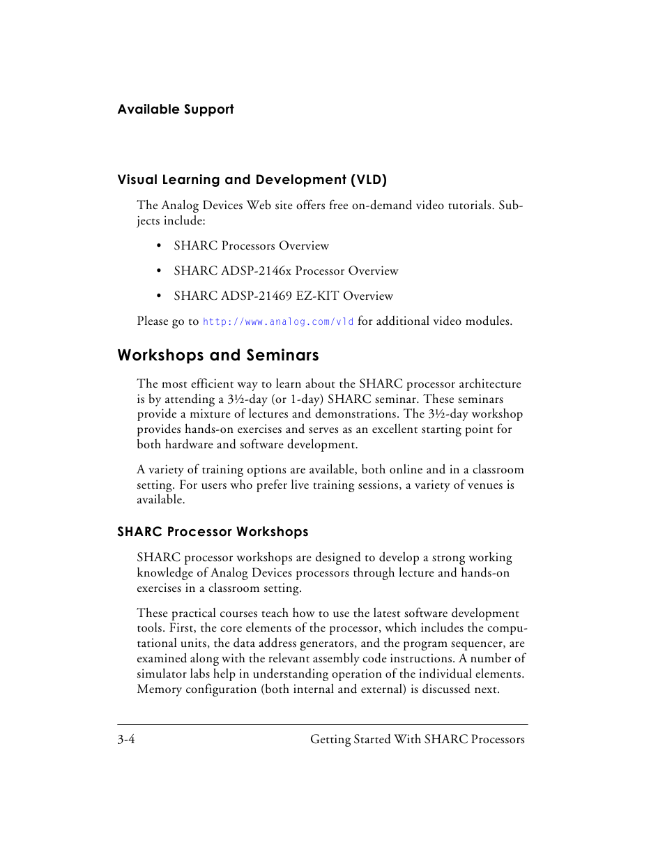 Visual learning and development (vld), Workshops and seminars, Sharc processor workshops | Visual learning and development (vld) -4, Workshops and seminars -4, Sharc processor workshops -4 | Analog Devices SHARC Processors 82-003536-01 User Manual | Page 96 / 114