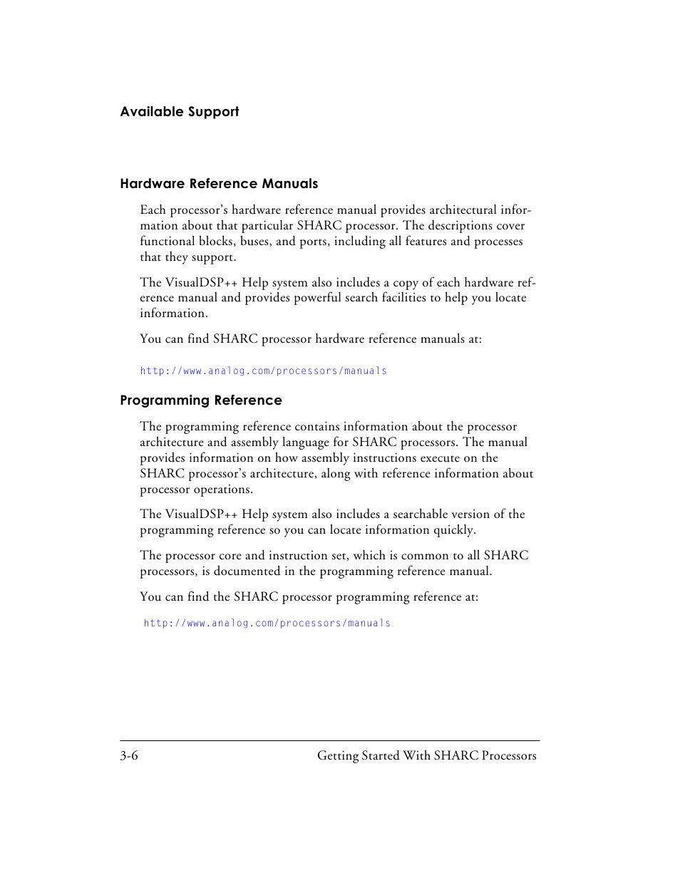 Hardware reference manuals -6, Programming reference -6 | Analog Devices SHARC Processors 82-003536-01 User Manual | Page 98 / 114