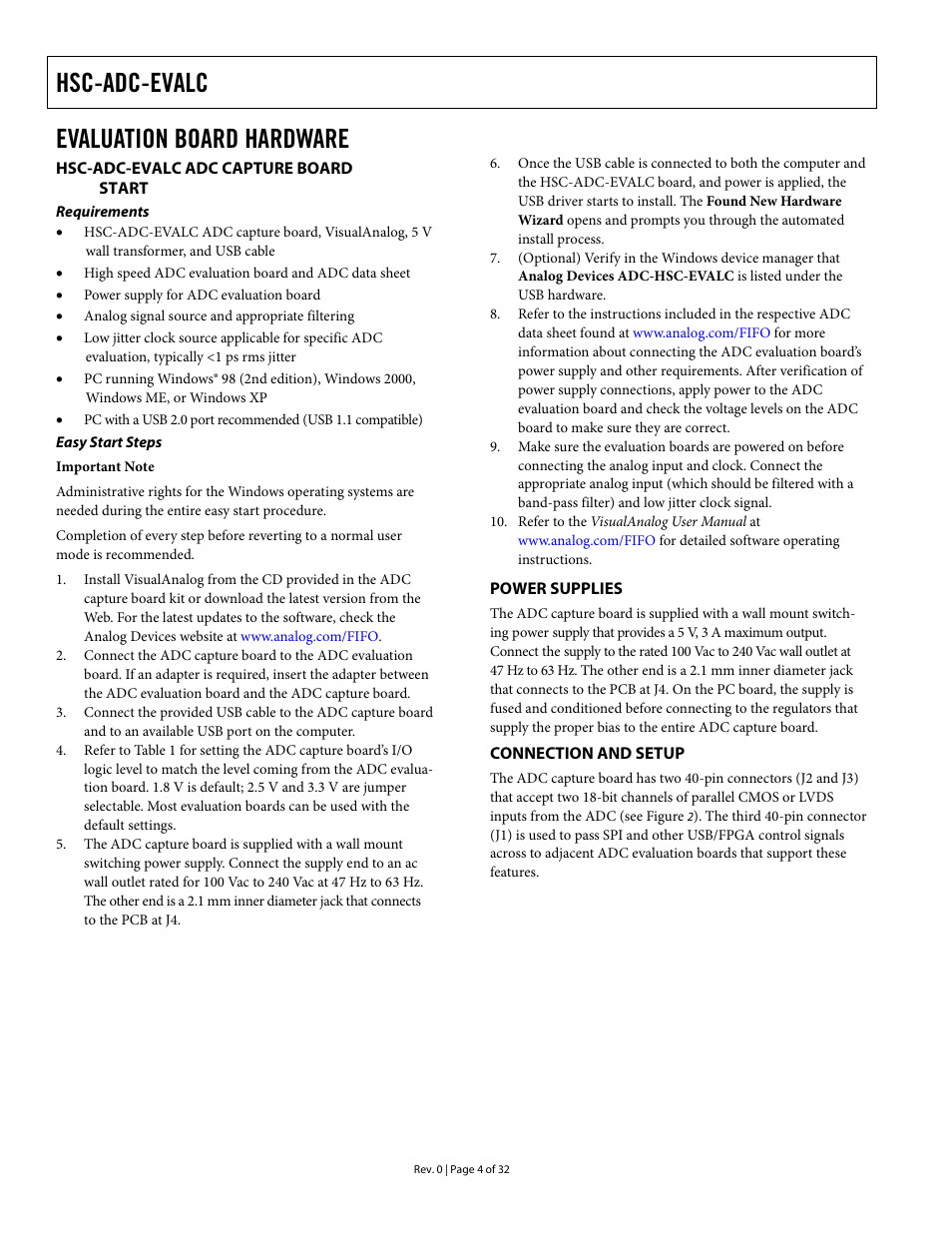 Evaluation board hardware, Hsc-adc-evalc adc capture board easy start, Requirements | Easy start steps, Power supplies, Connection and setup, Hsc-adc-evalc | Analog Devices HSC-ADC-EVALC User Manual | Page 4 / 32