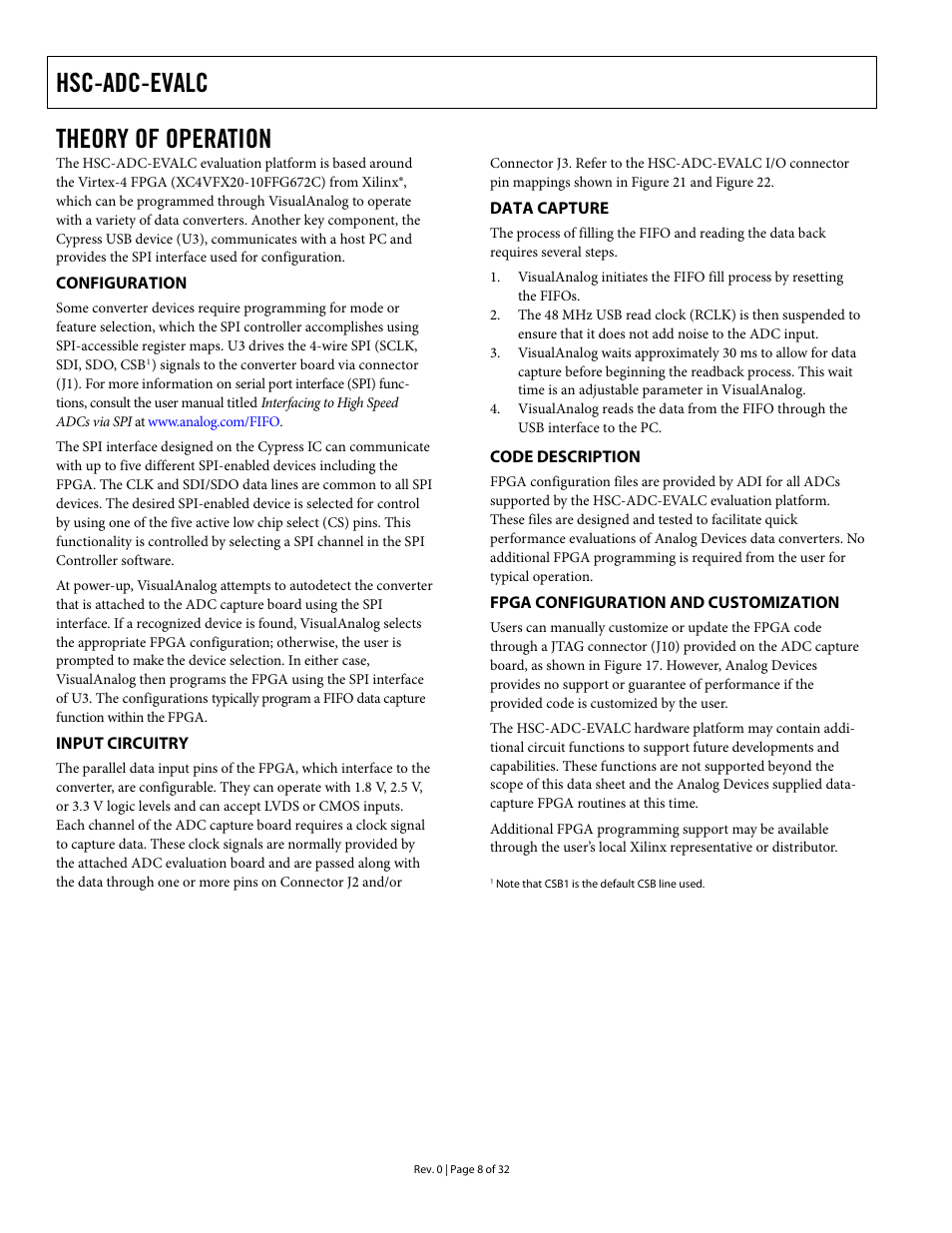 Theory of operation, Configuration, Input circuitry | Data capture, Code description, Fpga configuration and customization, Hsc-adc-evalc | Analog Devices HSC-ADC-EVALC User Manual | Page 8 / 32