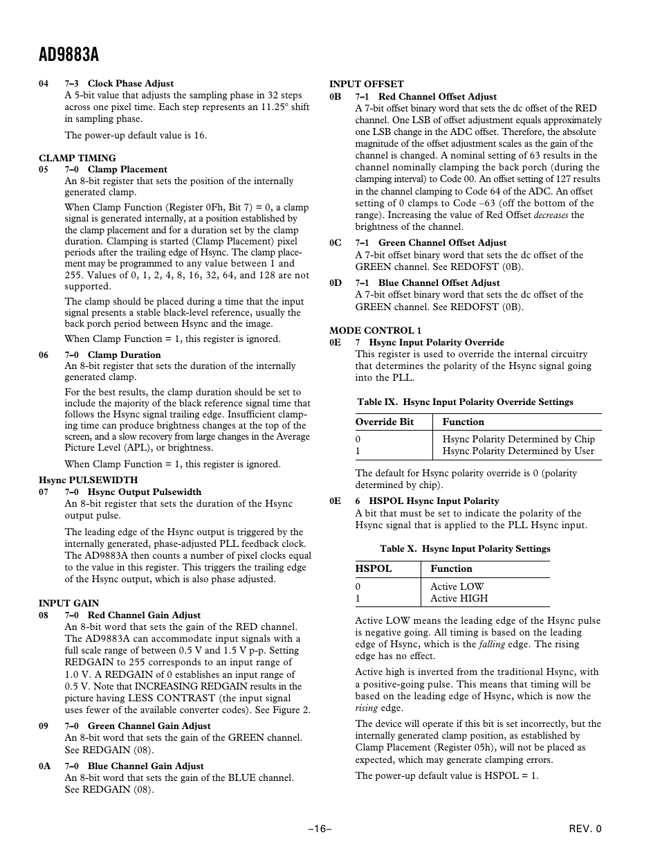 Mode control 1, Input gain, Ad9883a | Analog Devices AD9883A User Manual | Page 16 / 24
