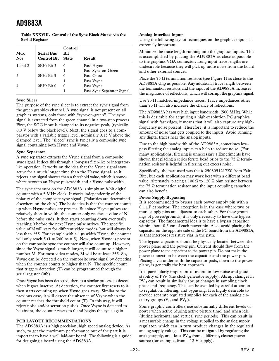 Pcb layout recommendations, Ad9883a | Analog Devices AD9883A User Manual | Page 22 / 24