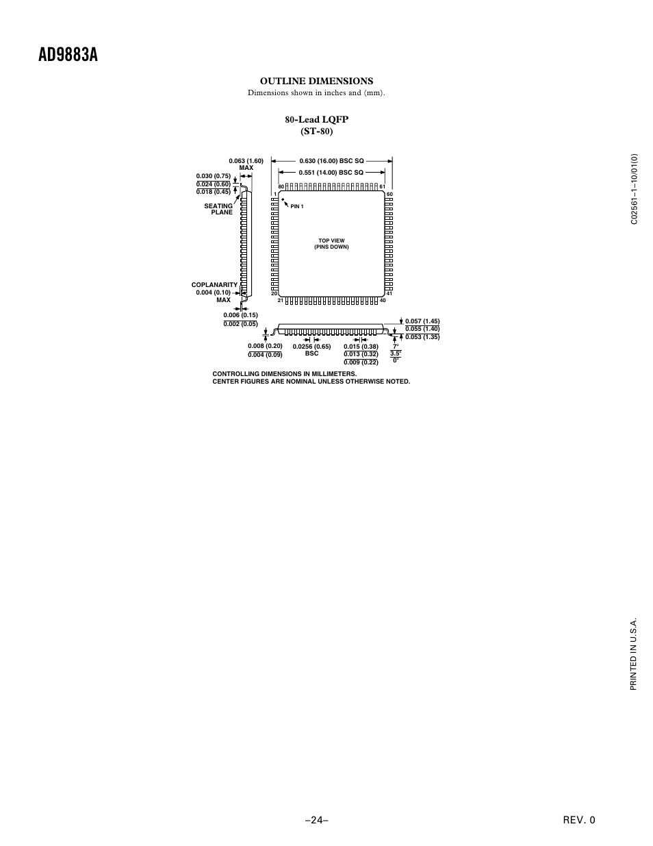 Package drawings, Ad9883a, Rev. 0 –24 | Outline dimensions, Lead lqfp (st-80) | Analog Devices AD9883A User Manual | Page 24 / 24