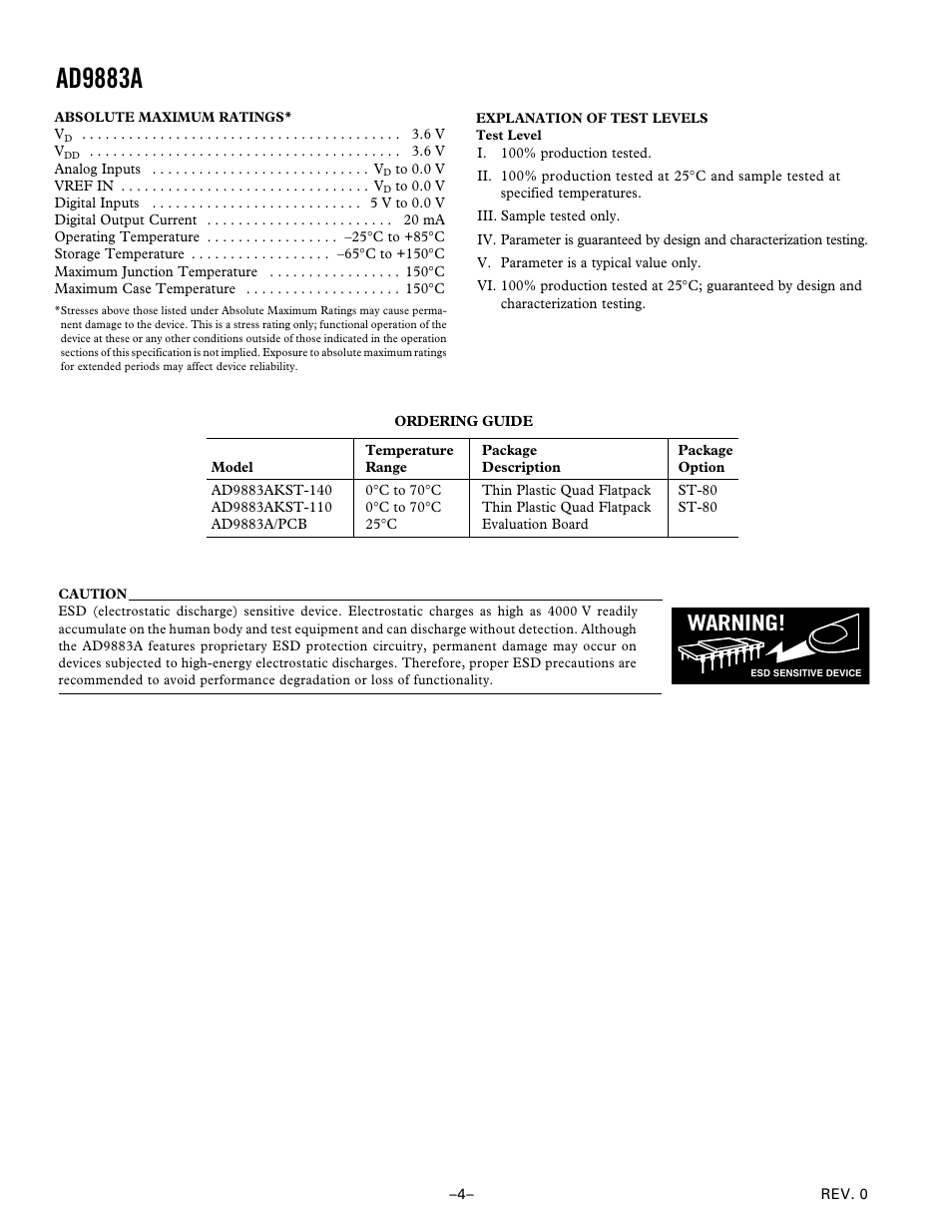 Ordering guide, Absolute maximum ratings, Explanation of test levels | Ad9883a, Warning | Analog Devices AD9883A User Manual | Page 4 / 24