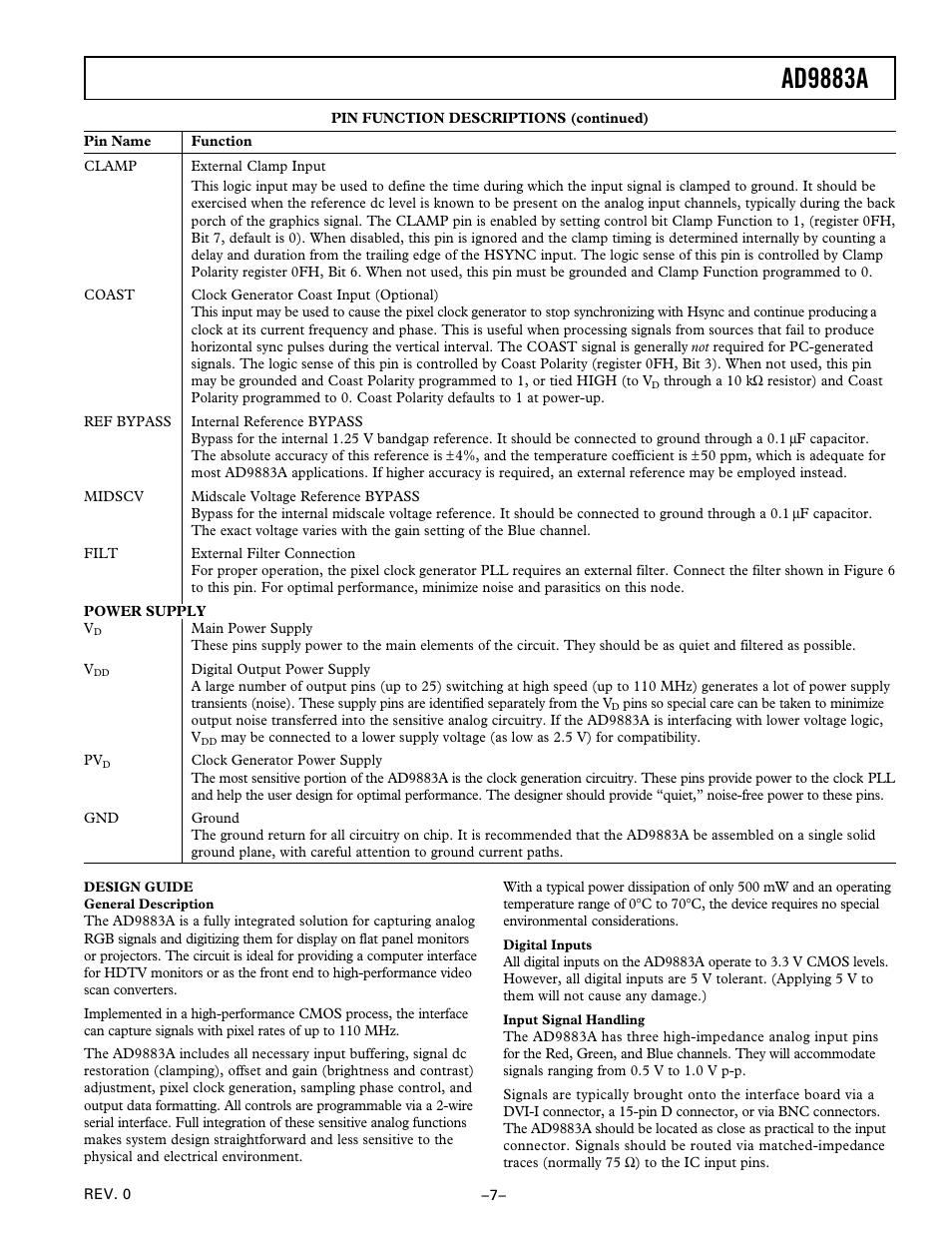 Power supply, Design guide, Ad9883a | Analog Devices AD9883A User Manual | Page 7 / 24
