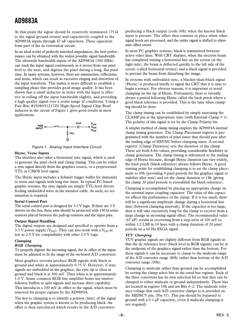 Diagrams, Analog input interface circuit, Ad9883a | Analog Devices AD9883A User Manual | Page 8 / 24