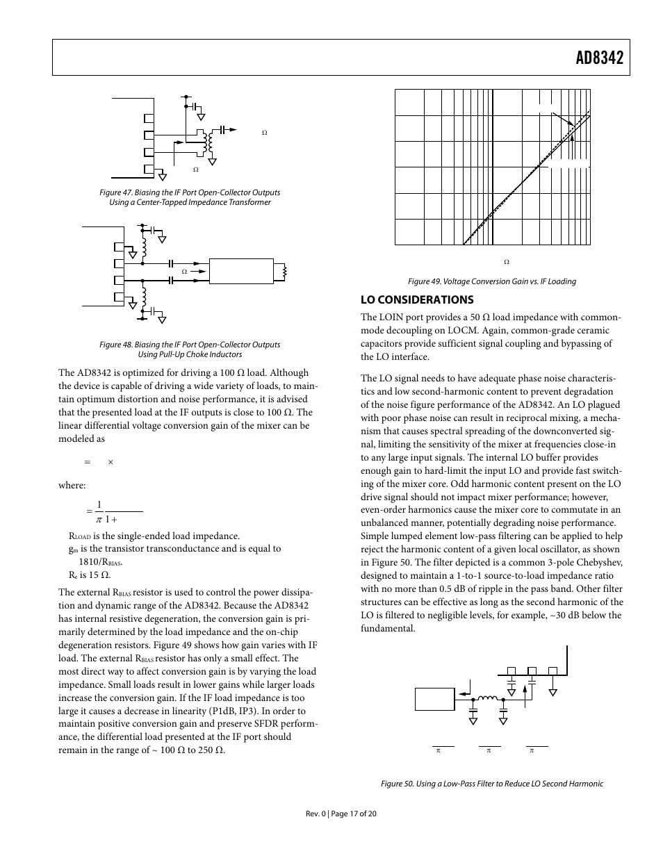 Lo considerations, Ted in figure 47 and figure 48. figure 47, Figure 48 il | Ad8342, Rg av × = where, Rg g g + = 1 1, Is the single-ended load impedance. g, Is 15 ω. the external r | Analog Devices AD8342 User Manual | Page 17 / 20
