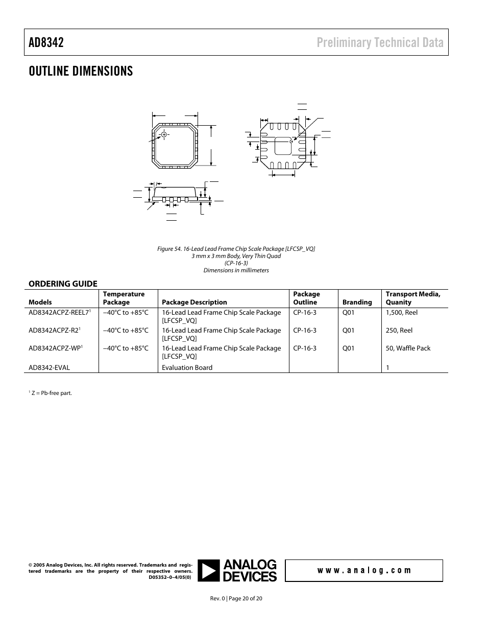 Outline dimensions, Ordering guide, Ad8342 preliminary technical data | Analog Devices AD8342 User Manual | Page 20 / 20