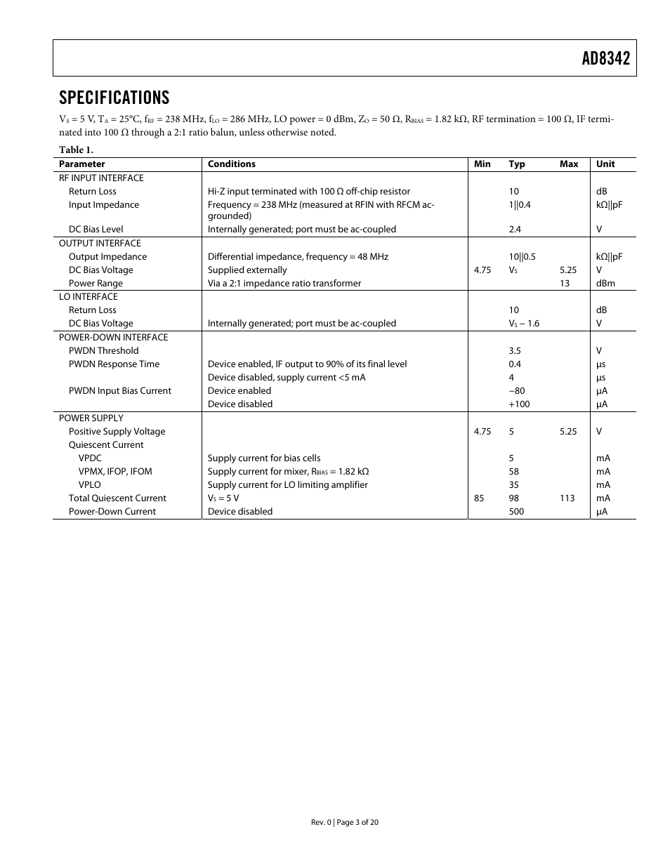 Specifications, Ad8342 | Analog Devices AD8342 User Manual | Page 3 / 20