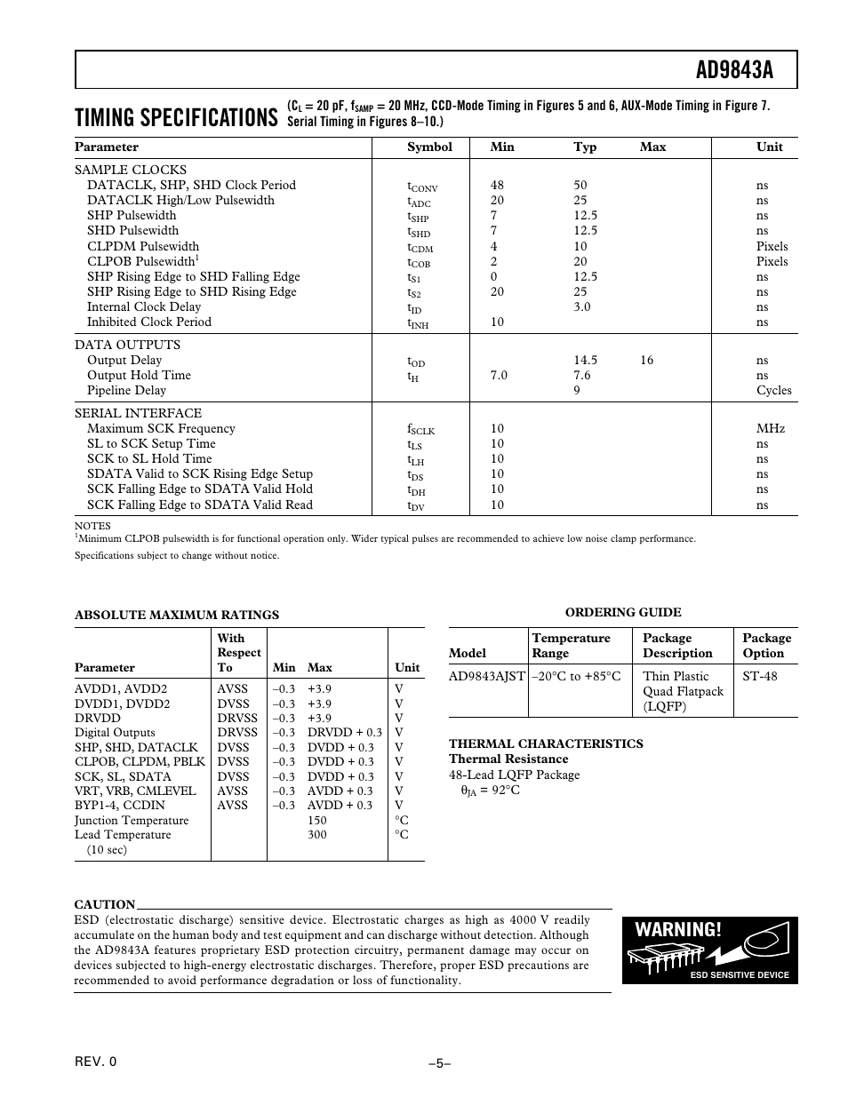 Ad9843a, Timing specifications, Warning | Analog Devices AD9843A User Manual | Page 5 / 16