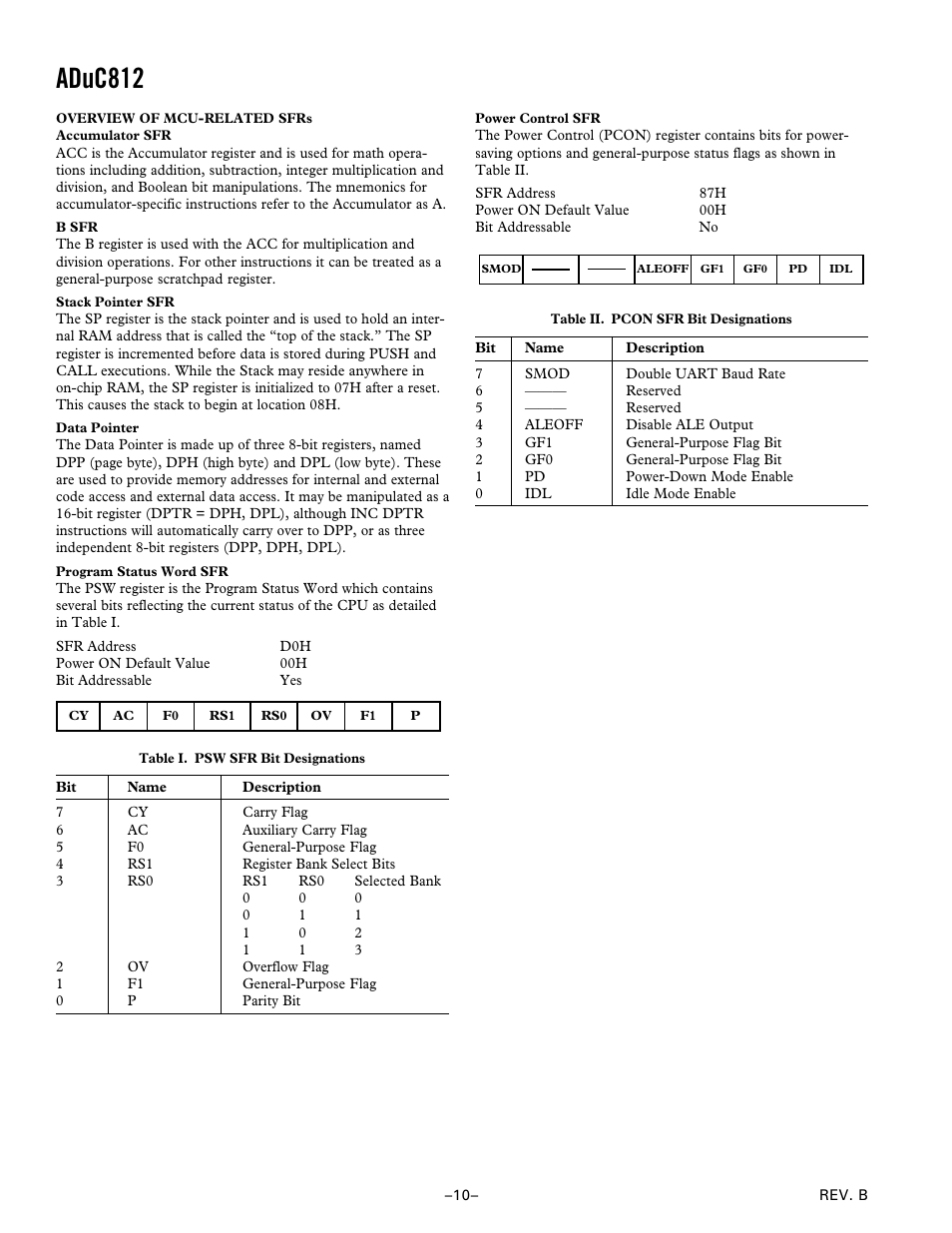 Overview of mcu-related sfrs, Accumulator sfr, B sfr | Stack pointer sfr, Data pointer, Program status word sfr, Power control sfr, Aduc812 | Analog Devices ADuC812 User Manual | Page 10 / 56