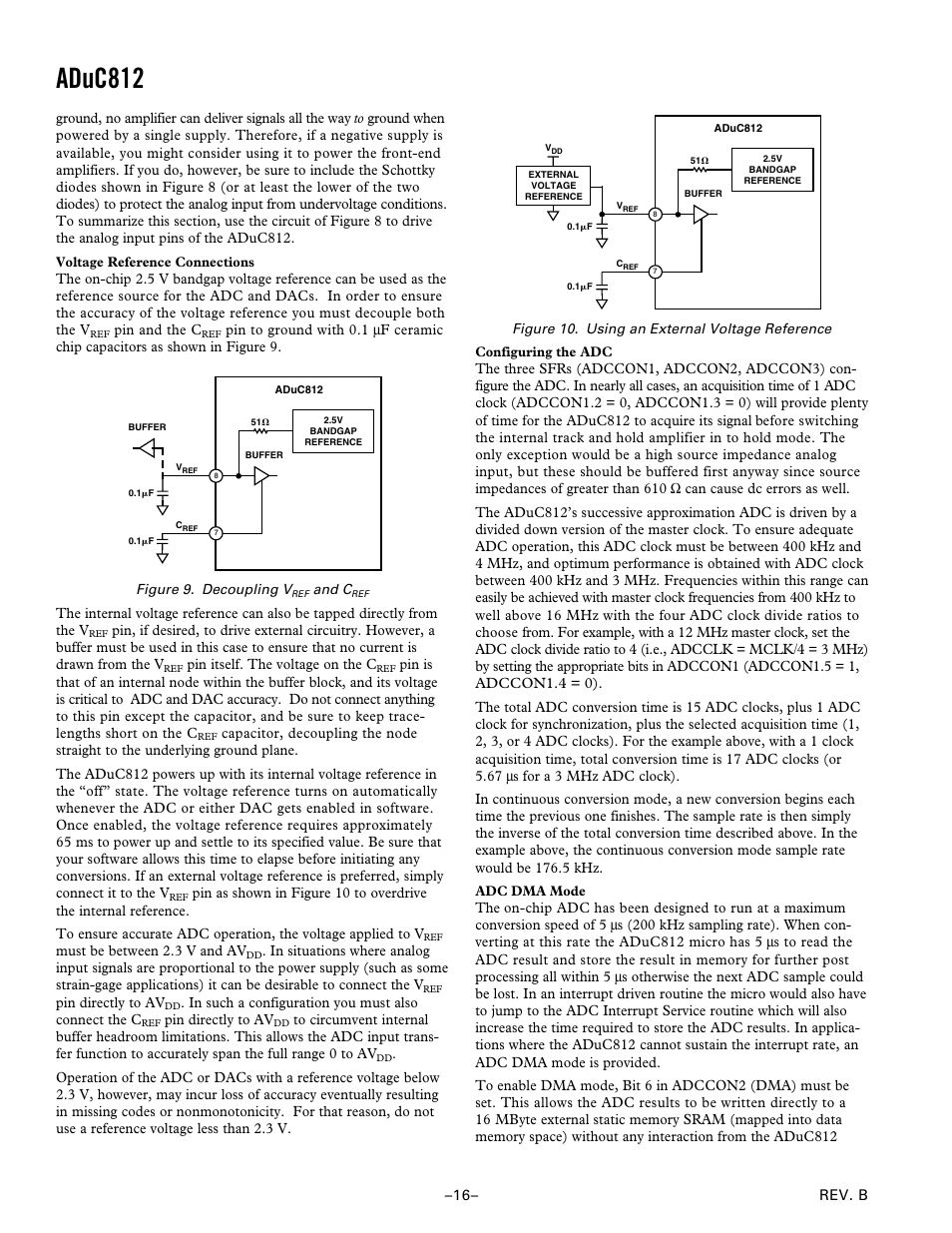 Voltage reference connections, Configuring the adc, Adc dma mode | Aduc812 | Analog Devices ADuC812 User Manual | Page 16 / 56