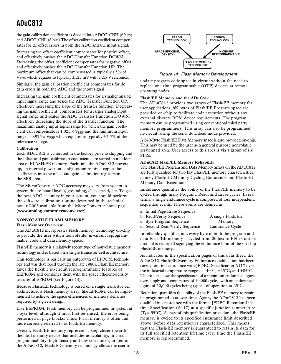 Calibration, Nonvolatile flash memory, Flash memory overview | Flash/ee memory and the aduc812, Aduc812 flash/ee memory reliability, Aduc812 | Analog Devices ADuC812 User Manual | Page 18 / 56