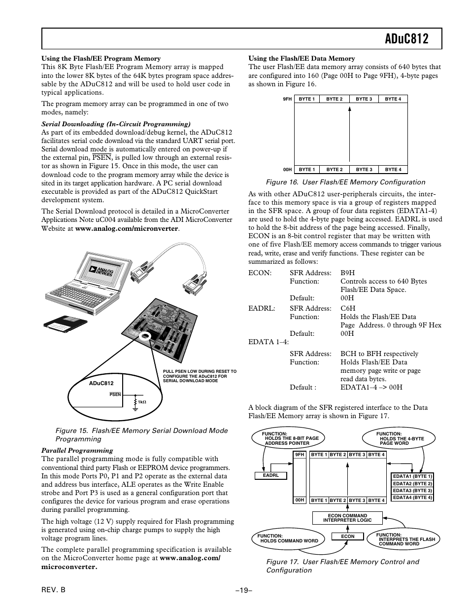 Using the flash/ee program memory, Serial downloading (in-circuit programming), Parallel programming | Using the flash/ee data memory, Aduc812 | Analog Devices ADuC812 User Manual | Page 19 / 56