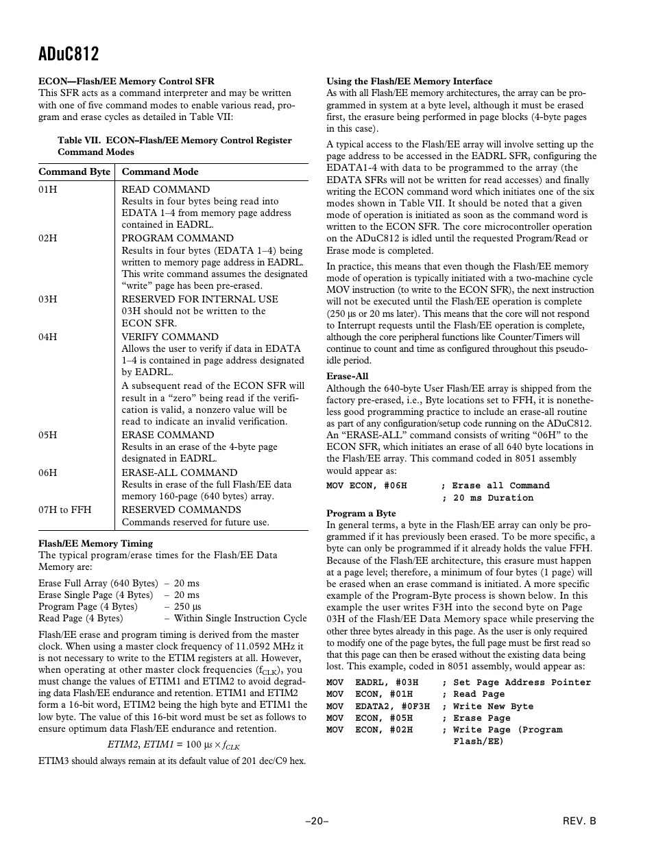 Econ–flash/ee memory control sfr, Flash/ee memory timing, Using the flash/ee memory interface | Erase-all, Program a byte, Aduc812 | Analog Devices ADuC812 User Manual | Page 20 / 56