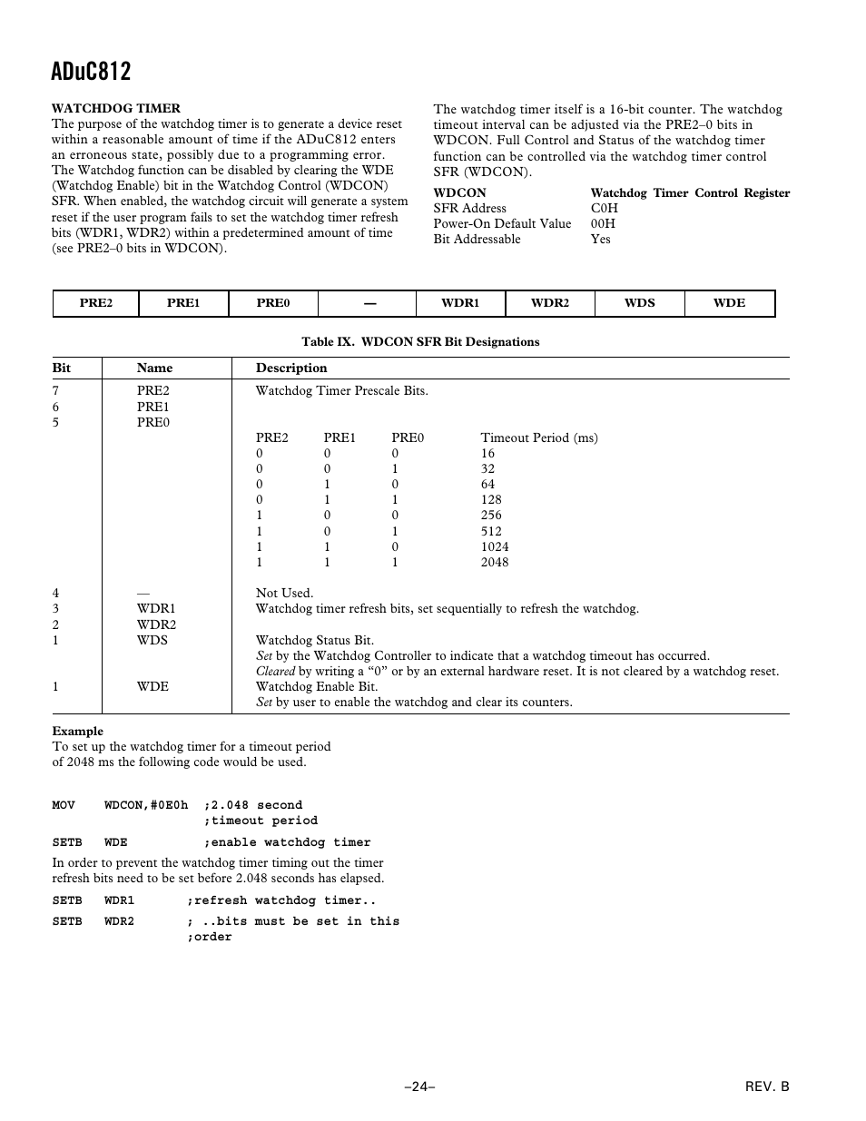 Watchdog timer, Aduc812 | Analog Devices ADuC812 User Manual | Page 24 / 56