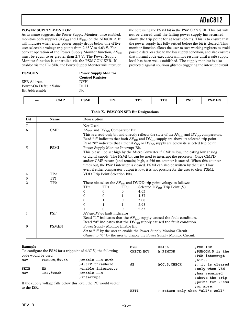 Power supply monitor, Aduc812 | Analog Devices ADuC812 User Manual | Page 25 / 56