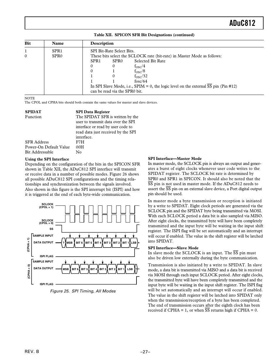 Using the spi interface, Spi interface — master mode, Spi interface — slave mode | Aduc812 | Analog Devices ADuC812 User Manual | Page 27 / 56