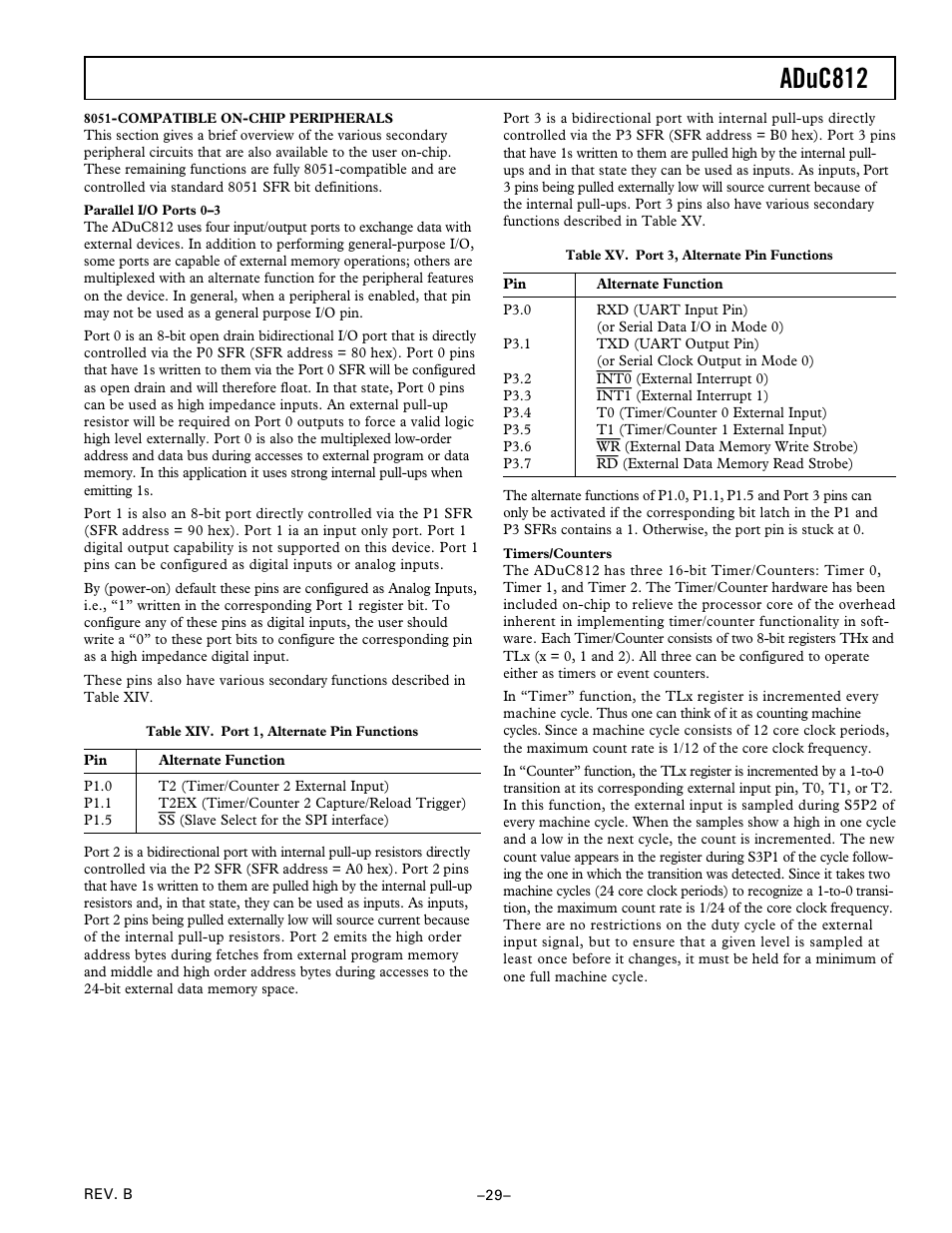 8051-compatible on-chip peripherals, Parallel i/o ports 0–3, Timers/counters | Aduc812 | Analog Devices ADuC812 User Manual | Page 29 / 56